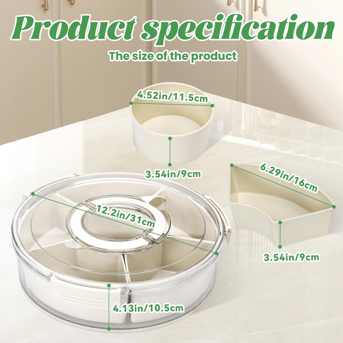 Snackle Box Container Divided Serving Tray with Lid, Handle, Spoon and Fork - Kitchen Portable Spinning Round Stackable Container with 6-Compartment for Veggies, Fruit, Candy, Party, Nuts, Essentials