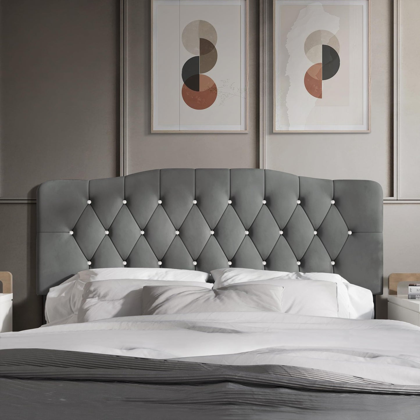 Castle Place Twin Crystal Diamond Button Tufted Velvet Upholstered Adjustable Headboard, Light Grey