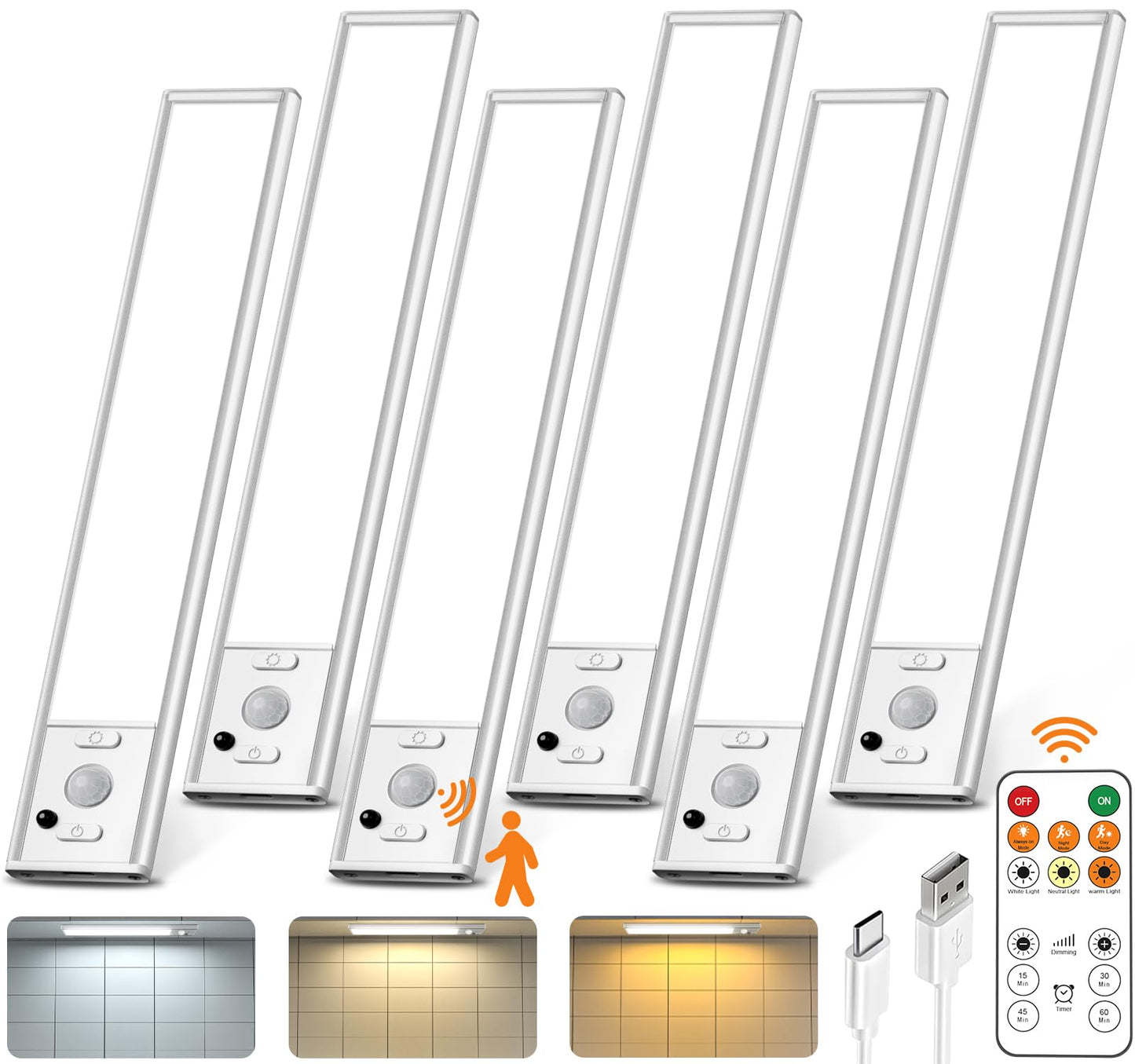 Under Cabinet Lighting with Remote Control,USB Rechargeable 180 Lumen Motion Sensor Light Indoor,Magnetic Wireless Under Counter Light,3 Color Dimmable Closet Lights for Kitchen, Pantry, Stair, 6 Pack