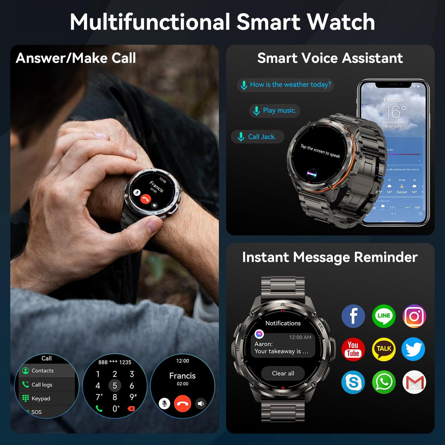 AMAZTIM GPS Smart Watch for Men, 6 Satellite Positioning, Compass, Stainless Steel Body, 50M Waterproof, 470mAh Extra-Large Battery, Answer/Make Call, 1.43" AMOLED Screen, Compatible for Android iOS