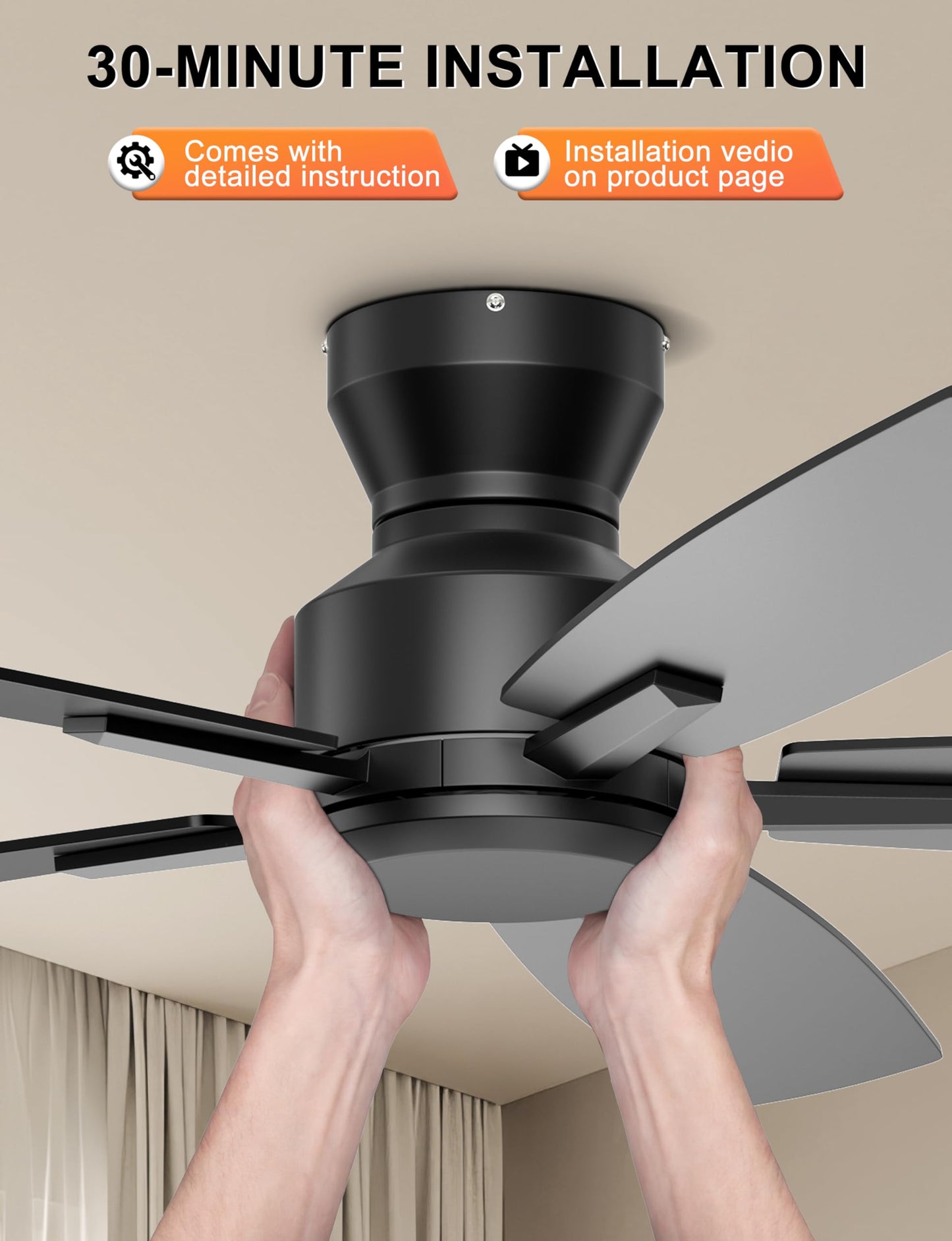 Ohniyou 52 Inch Ceiling Fan No Light, Low Profile Ceiling Fan with Remote and App Control, Flush Mount Ceiling Fan without Light for Bedroom Living Room Covered Patios, Quiet DC Motor, Black