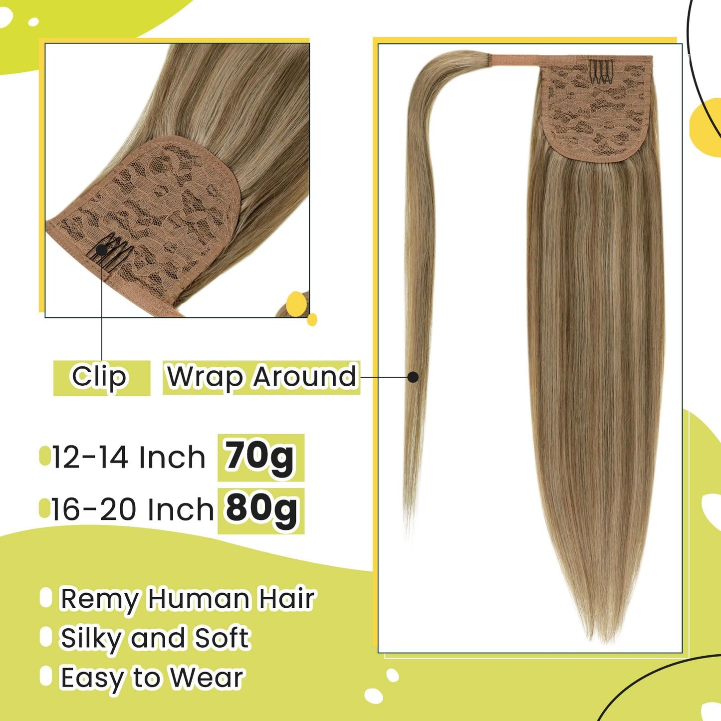 RUNATURE Hair Ponytail Extension Blonde Straight Human Hair Ponytail Extension 16 Inch Dark Blonde with Caramel Blonde Short Ponytail Human Hair Extension with Magic Paste Full Ends 80g