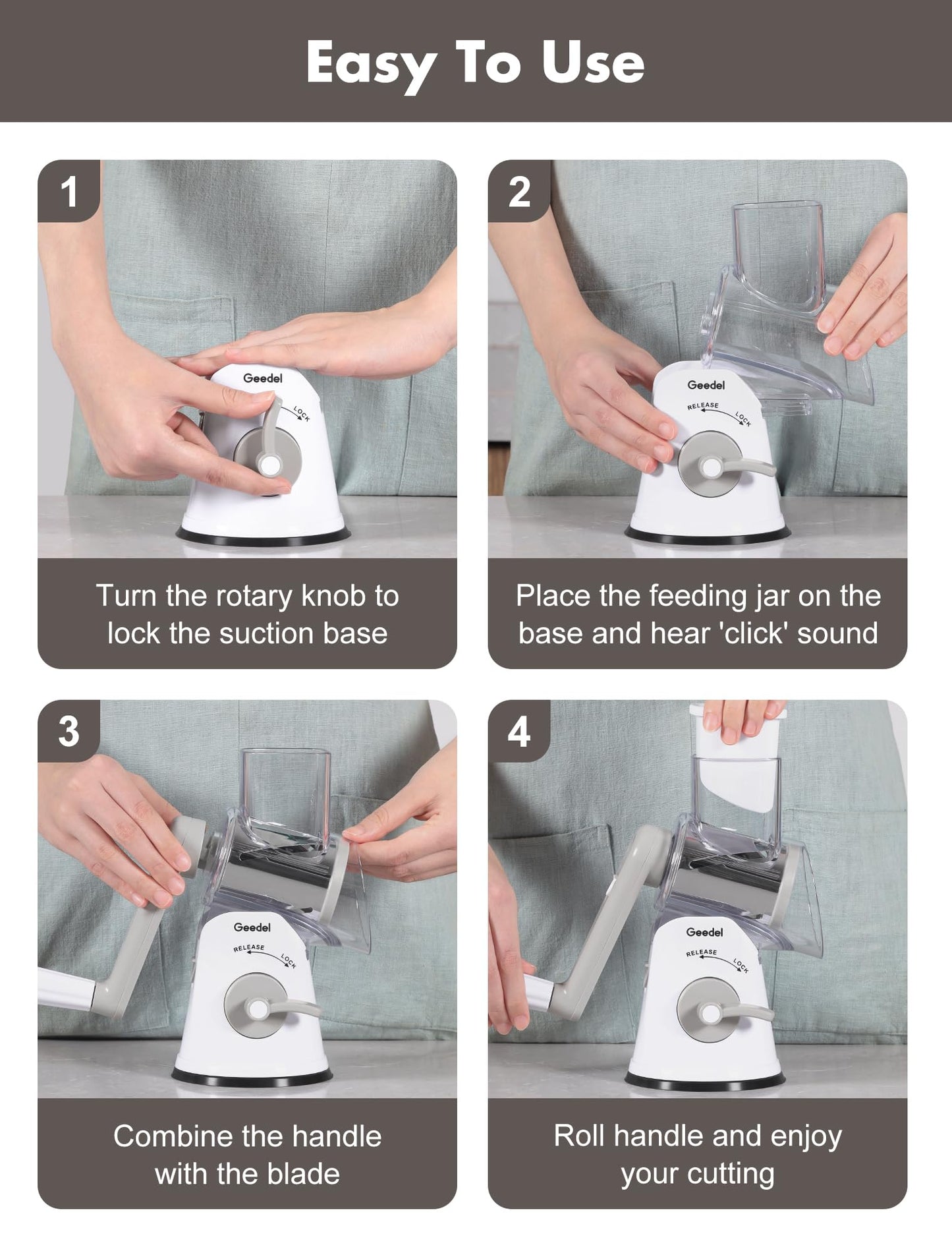 Geedel Rotary Cheese Grater Cheese Shredder with 5 Interchangeable Blades - Upgraded Rotary Grater Featuring Strong Suction Base for Cheese Shredding, Wavy Slicing, Nut Grinding, and Ice Shaving