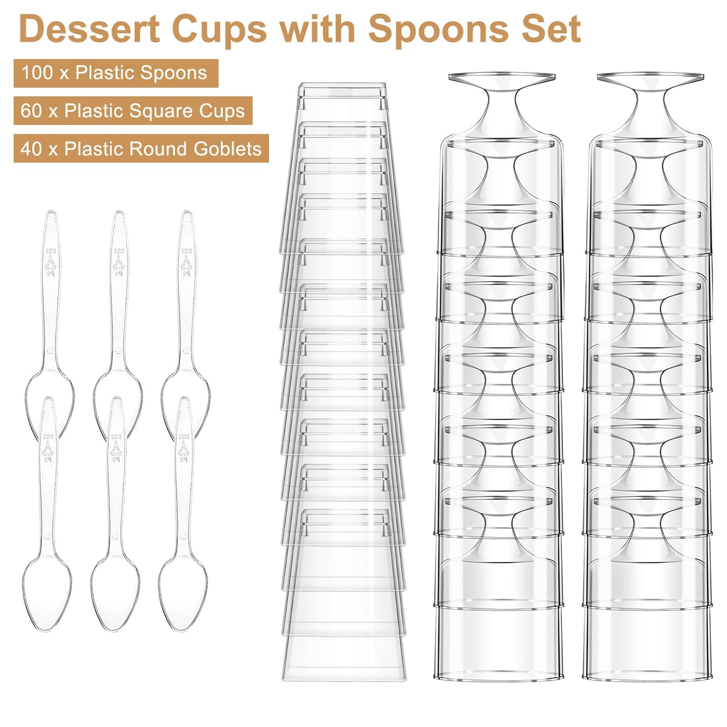 200Pcs Dessert Cups with Spoons 100Pc 5 OZ Mini Clear Plastic Appetizer Parfait Cup 100 Spoon Small Fruit Mousse Pudding Serving Bowl Trifle Desert Shooter for Party Square Glasses Round Goblet
