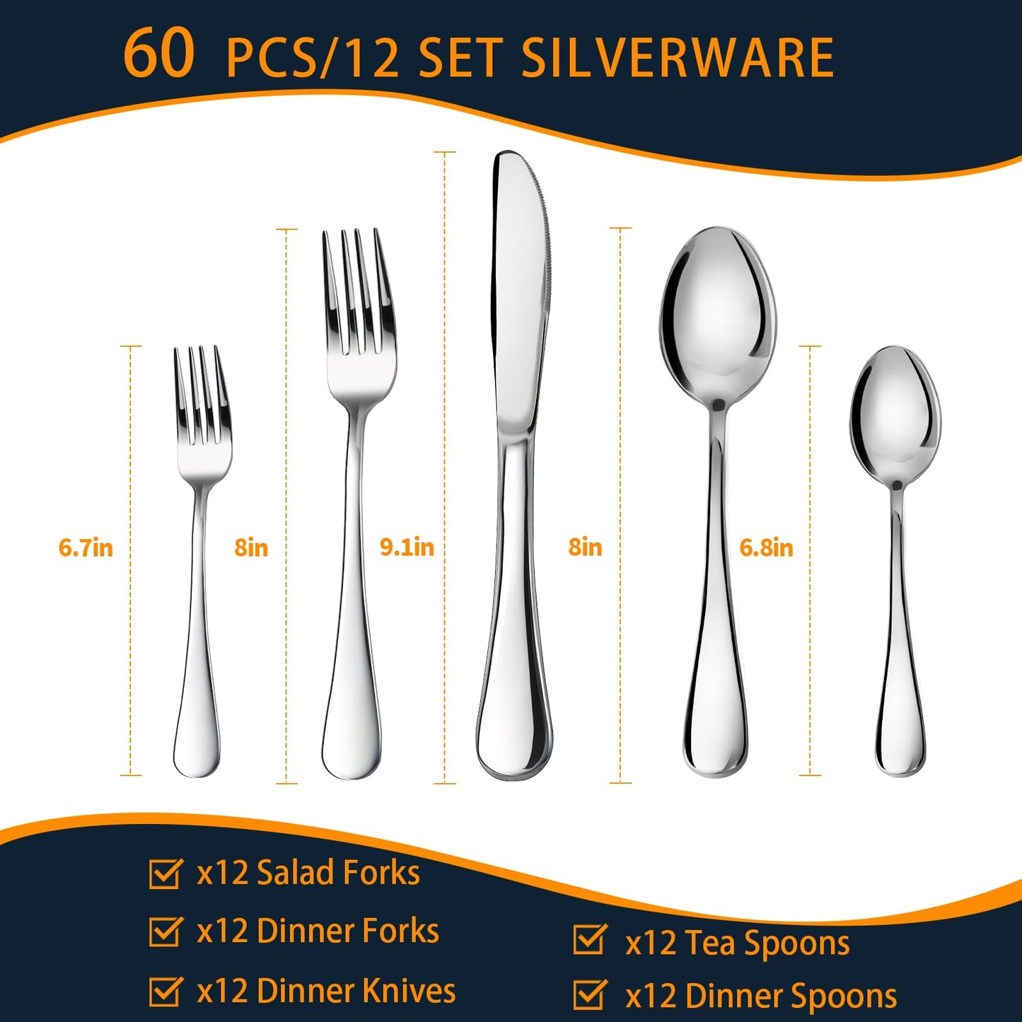 60 Piece Silverware Set for 12, Premium Stainless Steel Flatware Set, Eating Utensil Sets with Steak knives, Cutlery Tableware Service Include Fork Knife Spoon Set, Mirror Polished