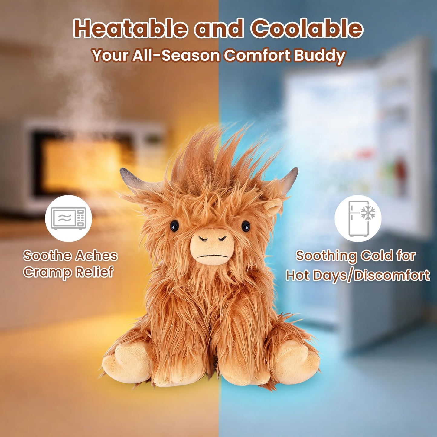 SuzziPals Heatable Coolable Weighted Highland Cow Stuffed Animal, Microwavable Stuffed Animals Peirod Heating Pad for Cramps, Cuddly Soft Plushies for Warmth & Companion, Highland Cow Gifts for Women