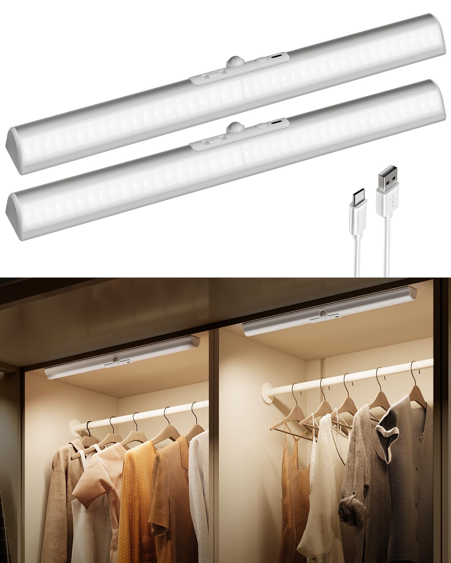 EZVALO 17-Inch Motion Sensor Closet Lights, 3600mAh Rechargeable Battery LED Cabinet Lights, 150 Lumens No-Glare Curved, 3 Color Temps & Dimmable Pantry Lights for Wardrobe, Shelves - 2 Pack