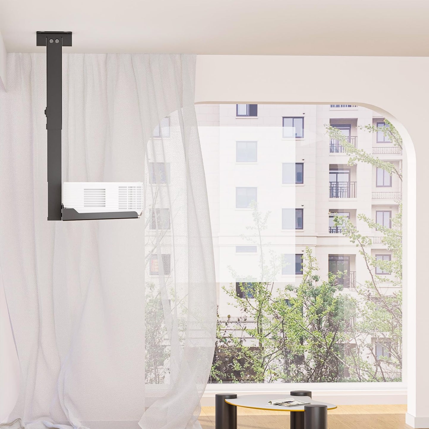 WALI Projector Ceiling Mount Tray，Projector Wall Mount Holds up to 22lbs, Height Adjustable Universal Projector Mount, No Hole Installation, Hidden Cable Routing, Black(PM-005-B)