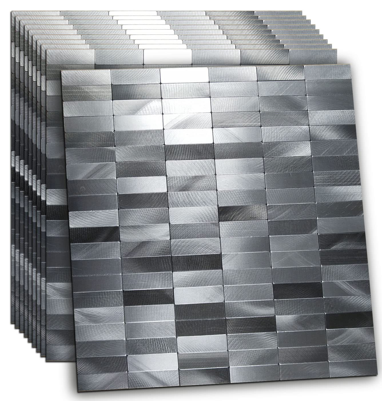 XUANINY Peel and Stick Tile Backsplash Self- Adhesive Wall Tiles Aluminum Mosaic Sticker for Kitchen (11.33"x11.92" Per Sheet, Pack of 10 pcs) (Long Silver Grey)