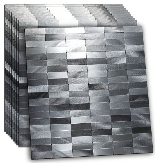 XUANINY Peel and Stick Tile Backsplash Self- Adhesive Wall Tiles Aluminum Mosaic Sticker for Kitchen (11.33"x11.92" Per Sheet, Pack of 10 pcs) (Long Silver Grey)