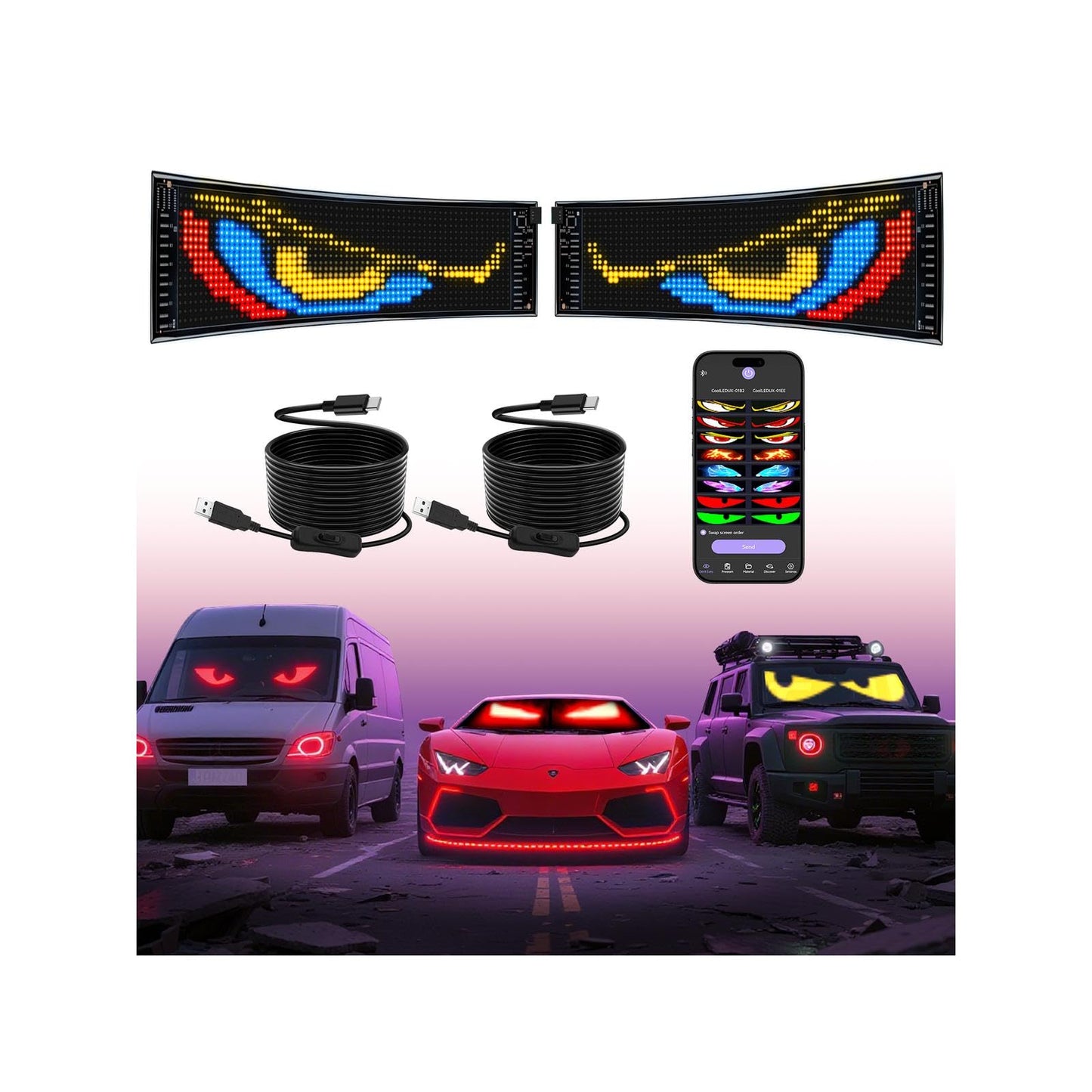XAXVSTS Multifunctional Bright 2PCS Devil Eyes Cars SUVs & Trucks Windshield - 19in x 5in [ 2025 Tech Two Screen Synchronization Chips ] Flexible Programmable LED Eyes for Car