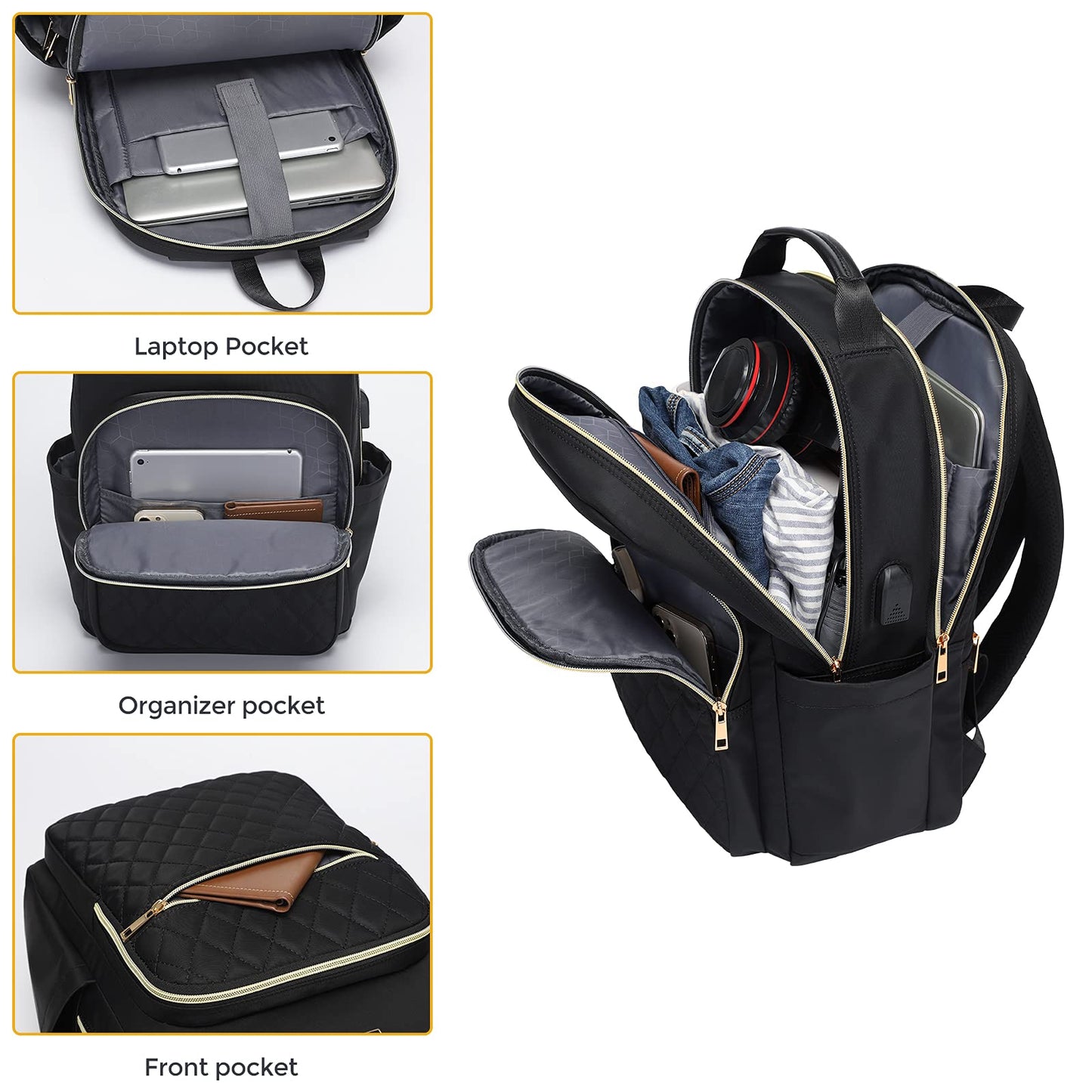 Modoker Eco-Friendly 15.6 Inch Laptop Backpack, Quilted Work Backpack for Women Bookbag Teacher Backpack with USB Charging Port, Travel Backpack Purse for Women Nurse, Black