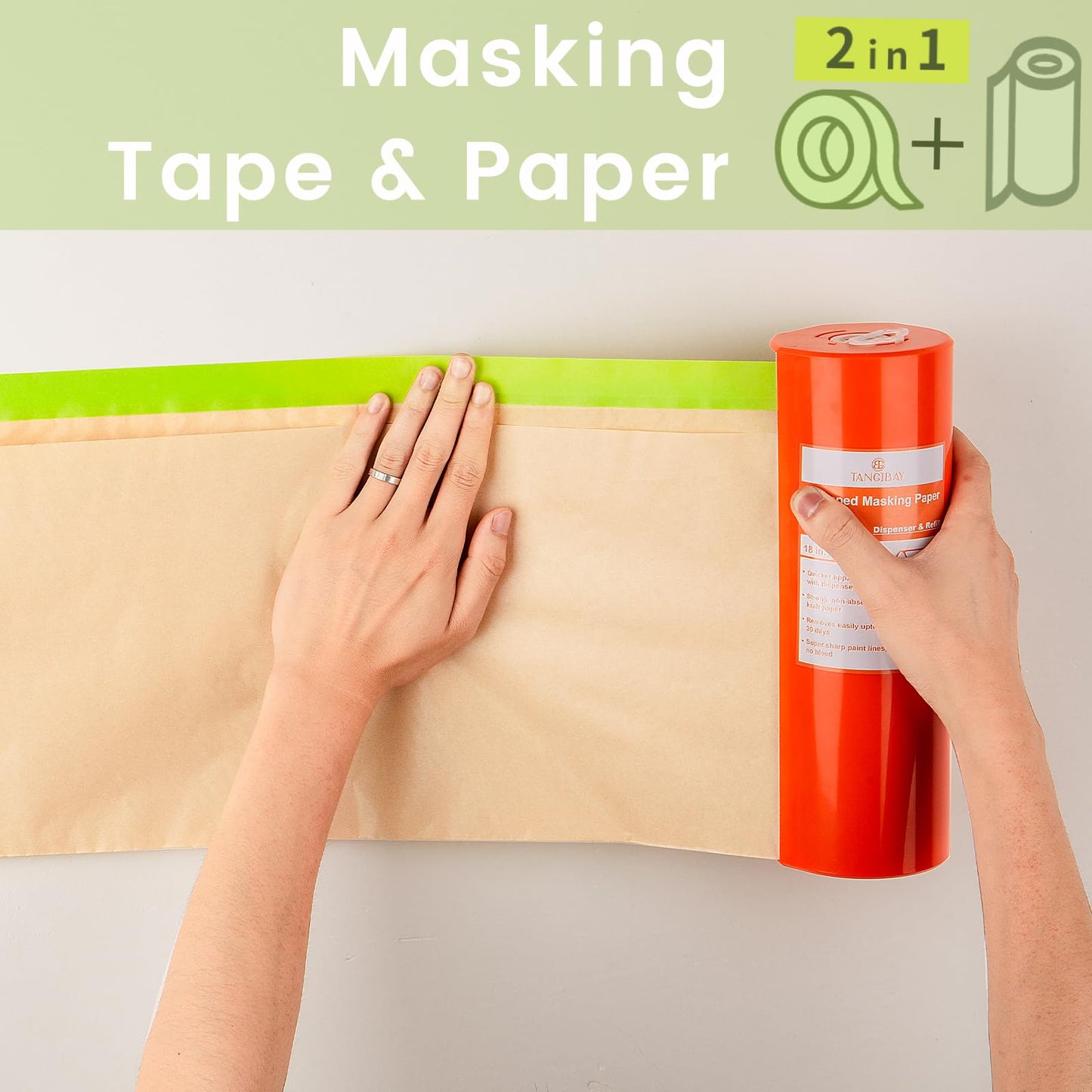 Tangibay Pre-Taped Masking Paper with Dispenser - 18" x 66' Painters Paper and Tape for Painting House, Auto Body, Cars (1 Dispenser 4 Refills)