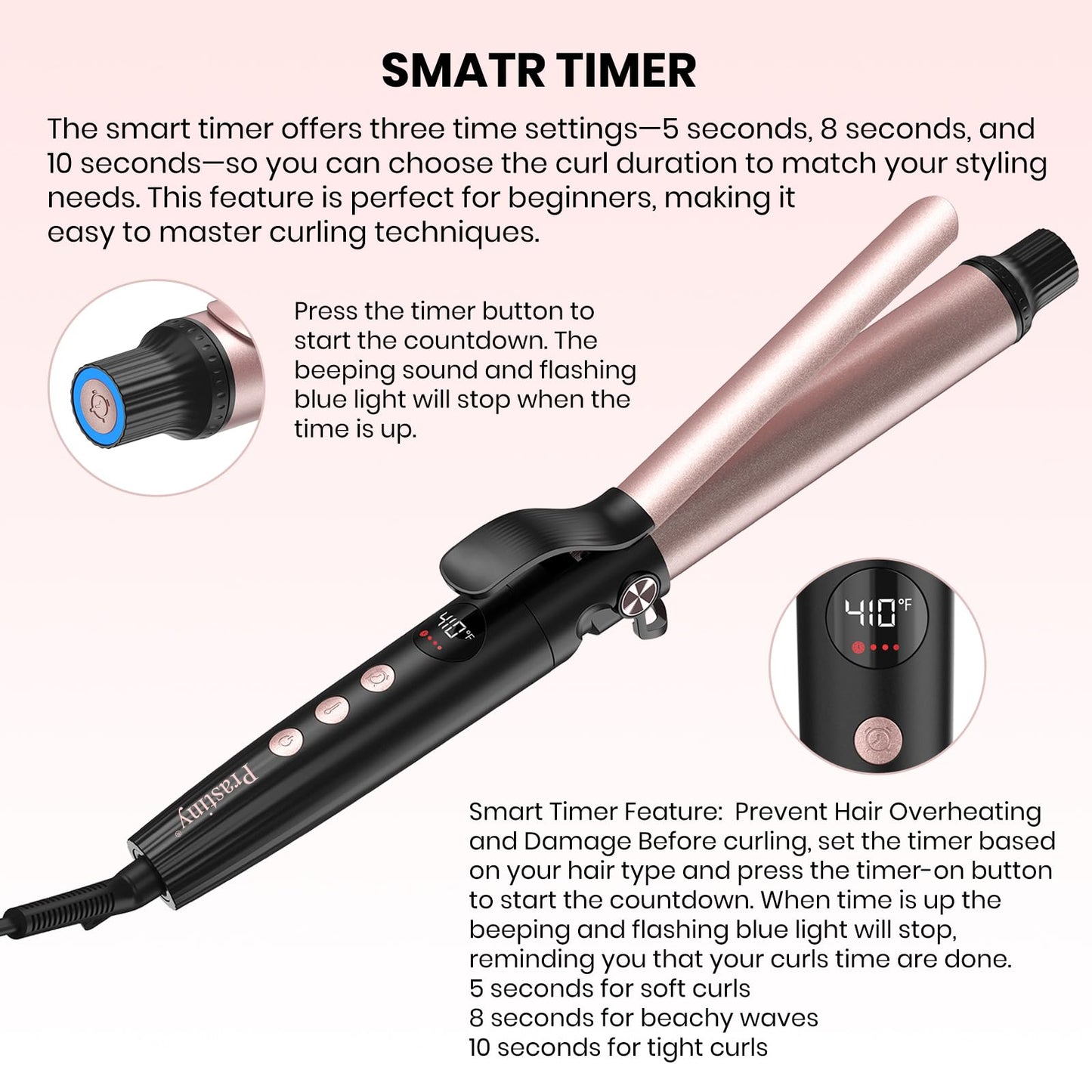 Prastiny Smart Timer Hair Curler Iron 1.25inch Ceramic Coating Large Barrel Hair Curling Wand with LCD Display and Foldaway Safety Stand Dual Voltage for Travel Medium and Long Hair