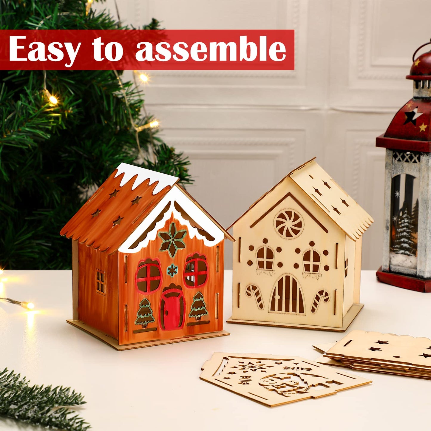 Kathfly 18 Sets Wooden Christmas Houses and Watercolor Pens, Christmas Graffiti Crafts Gingerbread Wooden Houses Christmas Tree Ornaments for Kids DIY Paint Art