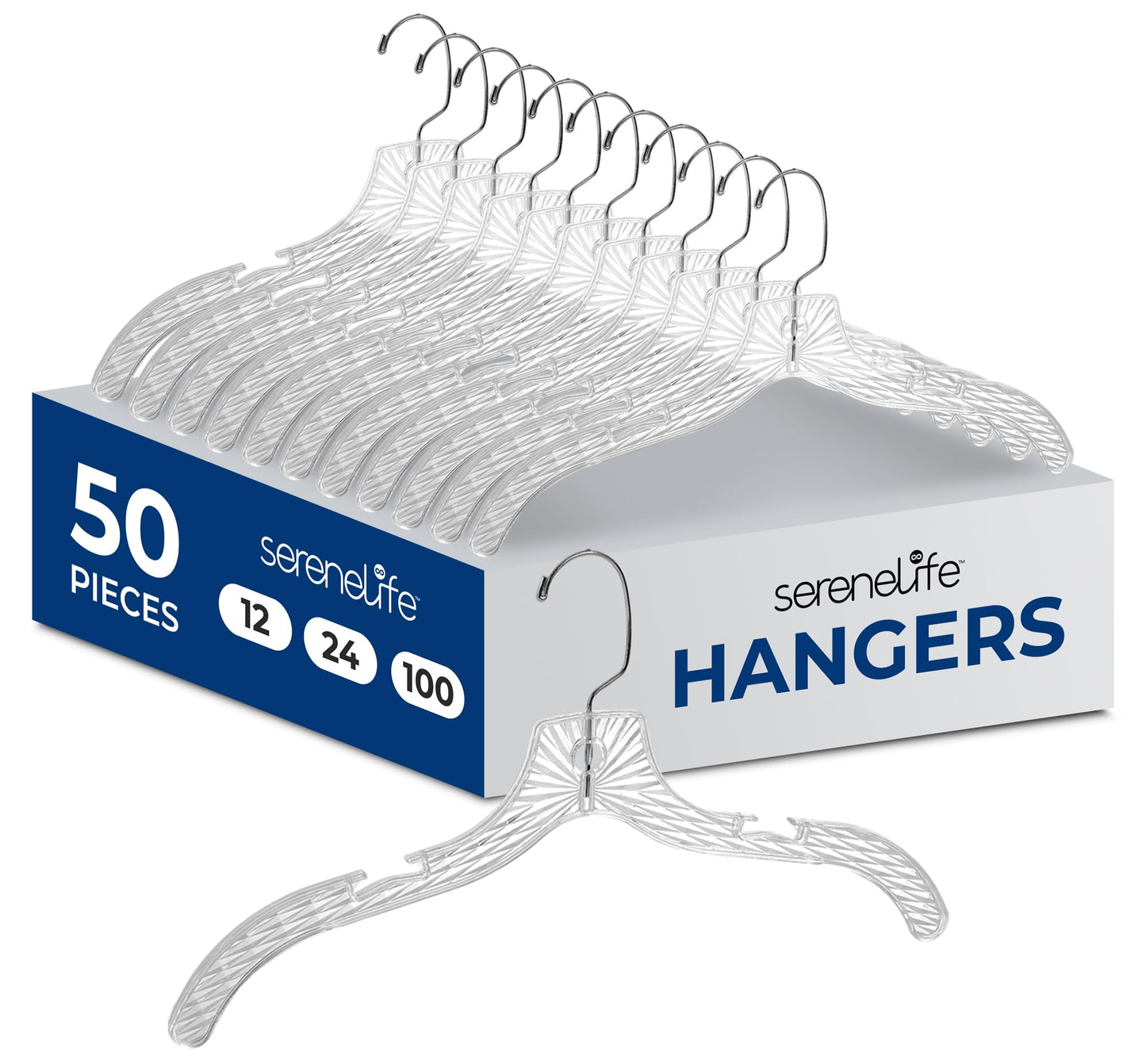 SereneLife 50 Pack Transparent Plastic Hangers, Crystal Clear, Non-Slip with Notched Shoulders, Ultra-Thin Space Saving, Closet & Retail Use, with Swivel Hook for Clothes, Shirts, Dresses, Jackets
