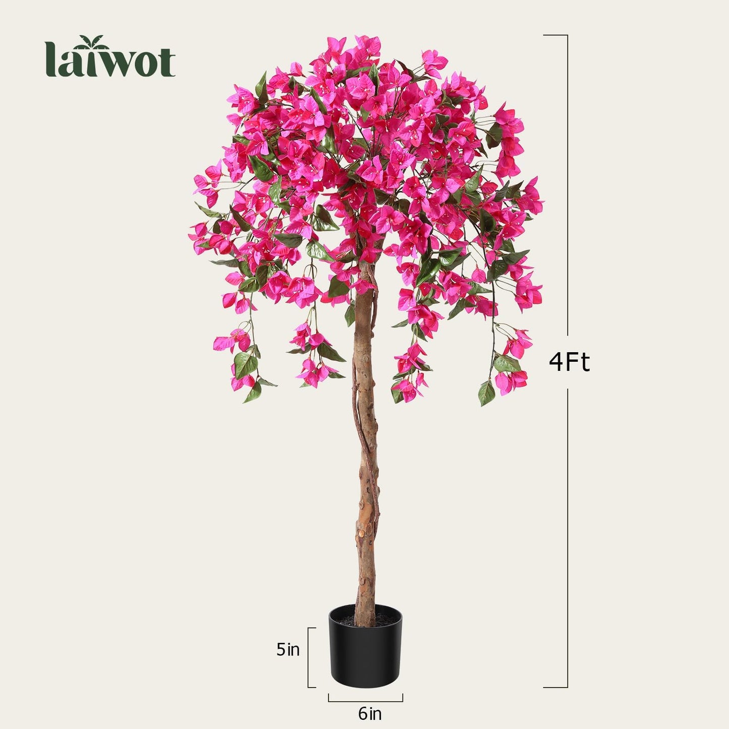Laiwot 4FT Artificial Tree Tall Potted Fake Bougainvillea Trees for Outdoor Indoor Office Wedding Home Decor Lifelike Faux Plants with Wood Trunk and Pink Flowers