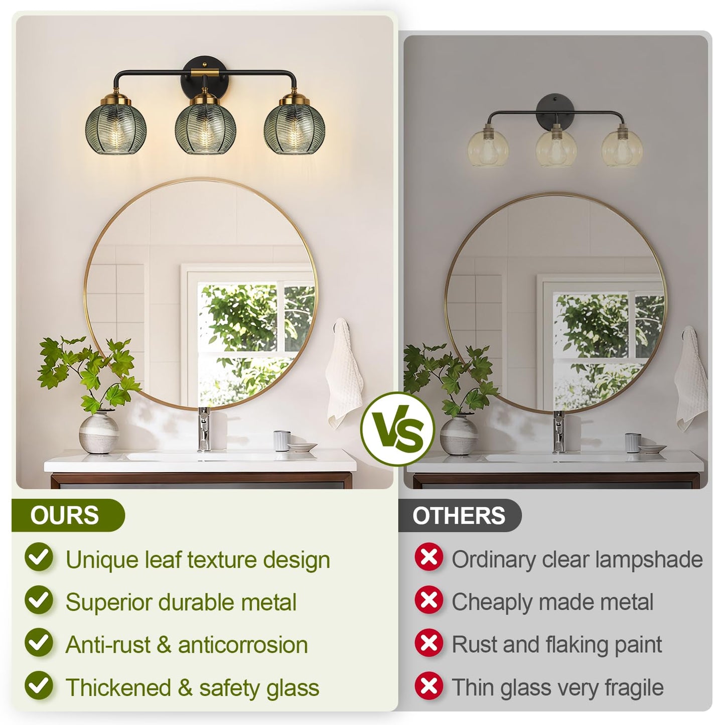 MOKATNG Bathroom Light Fixtures, 3-Light Green Vanity Lights with Unique Leaf Texture Glass Shade, Modern Matte Black and Gold Bathroom Wall Lamp for Mirror Hallway Cabinet Living Room