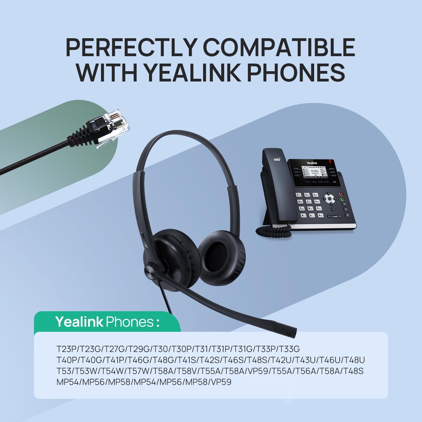 Yealink Phone Headsets for Office Phones YHS34 QD to RJ9 Wired Headset Compatible with Poly Snom Phones Desk Landline Headset with Microphone -Dual/129g/2.1m Cable