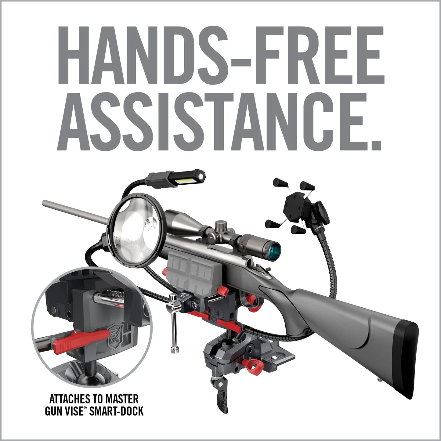 Real Avid Smart-Assist Accessory System | Includes 180 Lumen Work Light, 5-Inch Magnifying Glass and Cell Phone Holder
