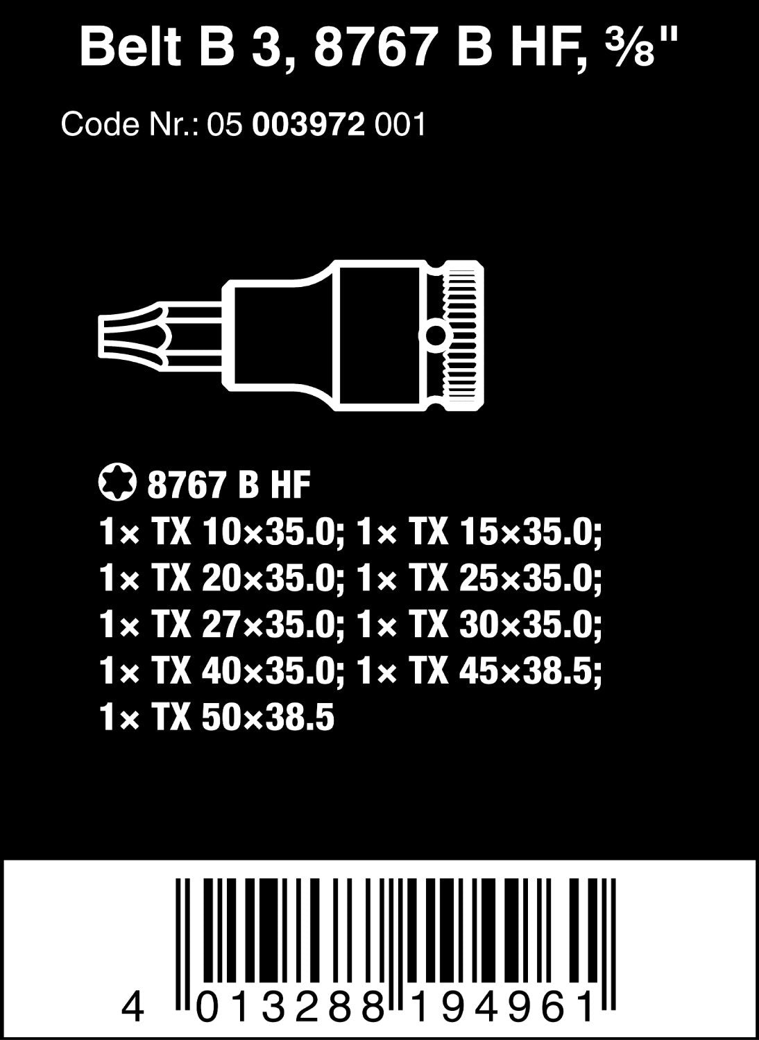 Wera 05003972001 Belt B 3 TORX® HF Zyklop bit socket set with holding function, 3/8" drive, 9 pieces