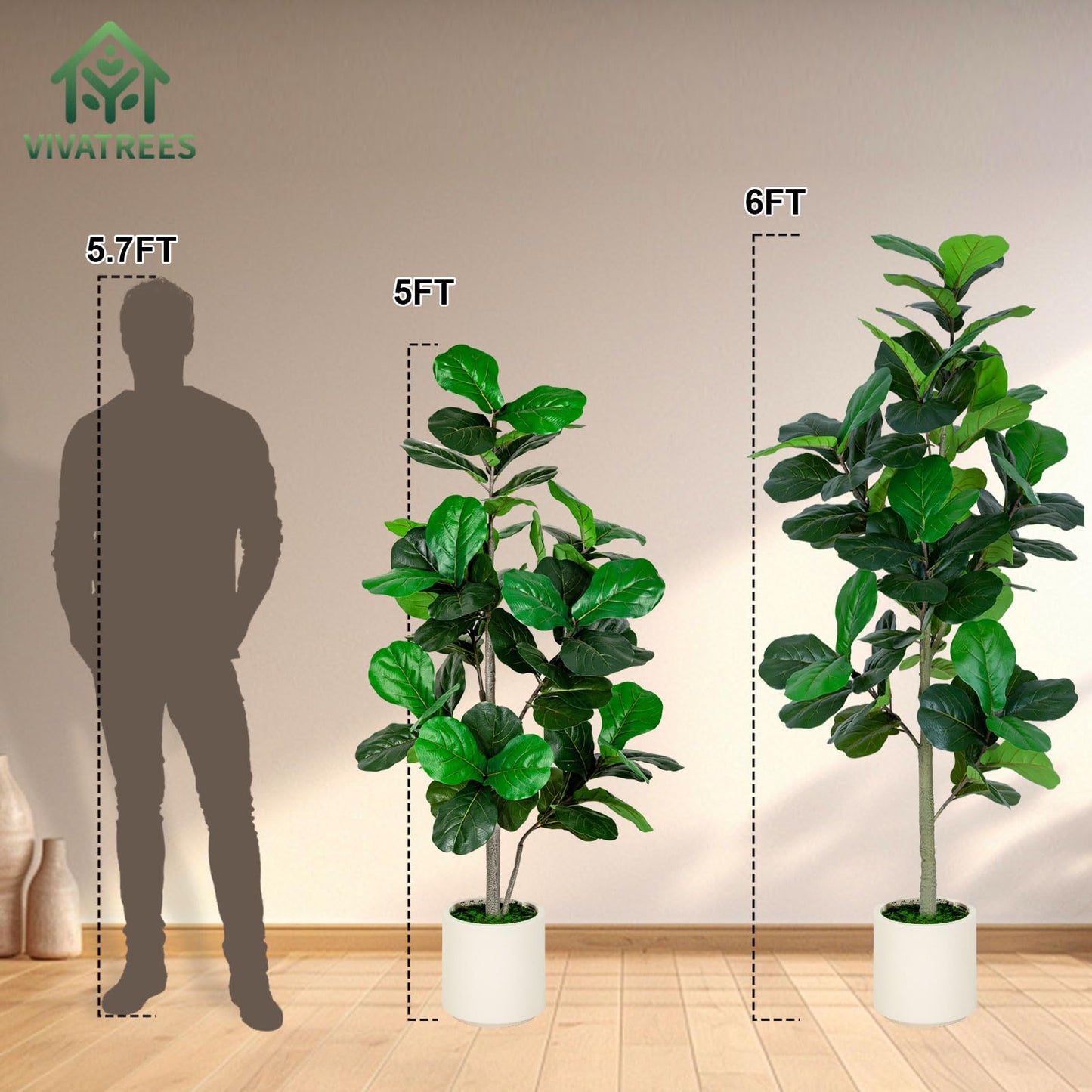 VIVATREES 5FT Fiddle Leaf Fig Artificial Tree with White Planter Pot,Faux Floor Plant, Indoor and Outdoor Fake Plants for Home Office Decor
