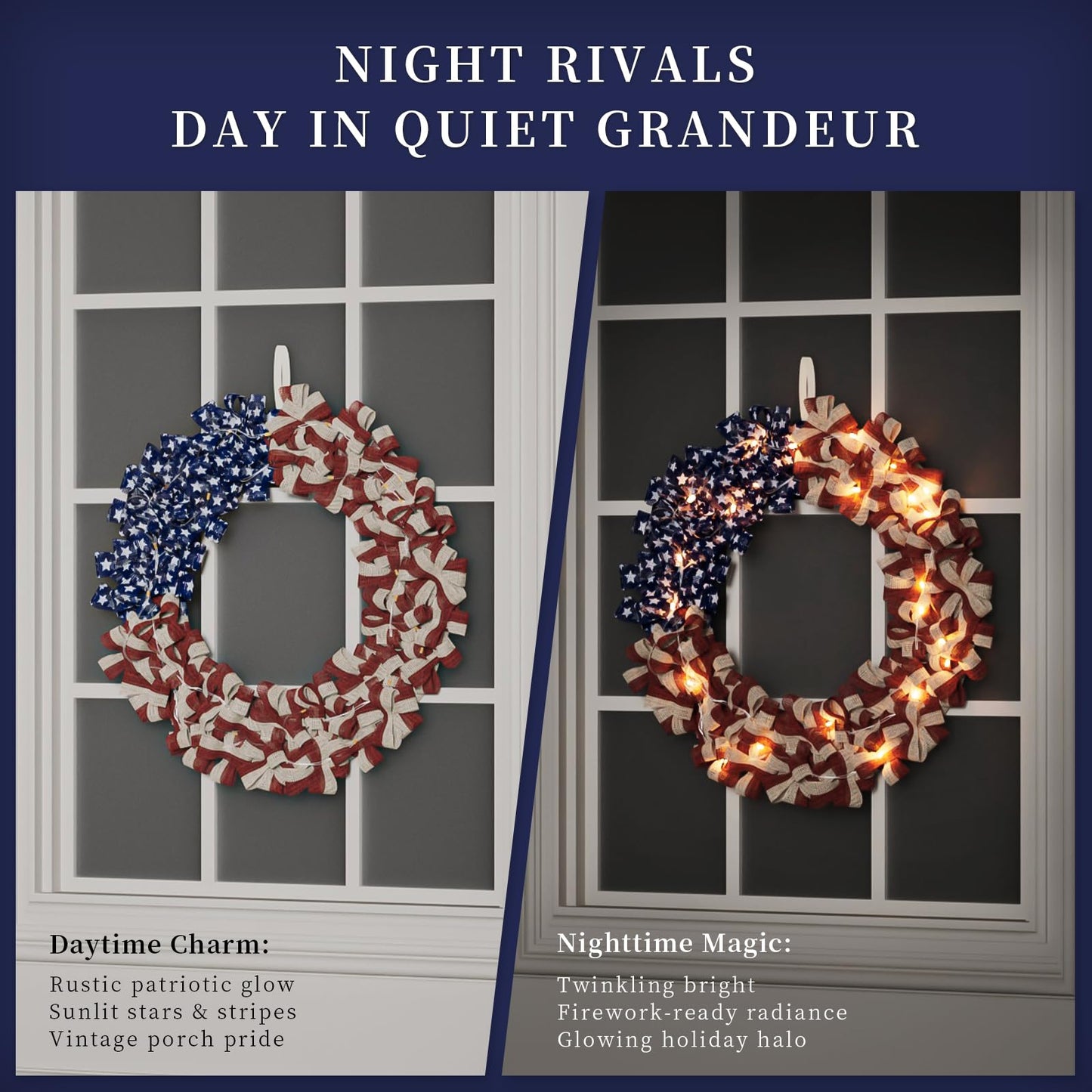 Patriotic Wreath 18 Inch American Flag Wreath for Front Door, Burlap Red White and Blue Decor with Stars Stripes and Timer-Equipped Light Strip for 4th of July Memorial Day Veterans Day