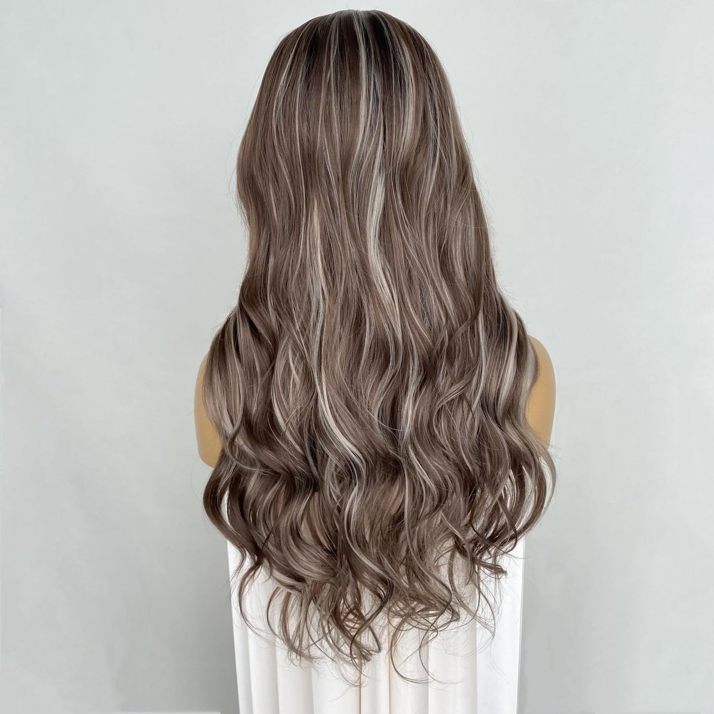 CIMITIKI Flaxen Brown Colour Lace Front Wigs Highlight Ash Blonde Hair 13x4 Long Loose Wavy Ombre Synthetic Fiber Wig 22Inch for Women