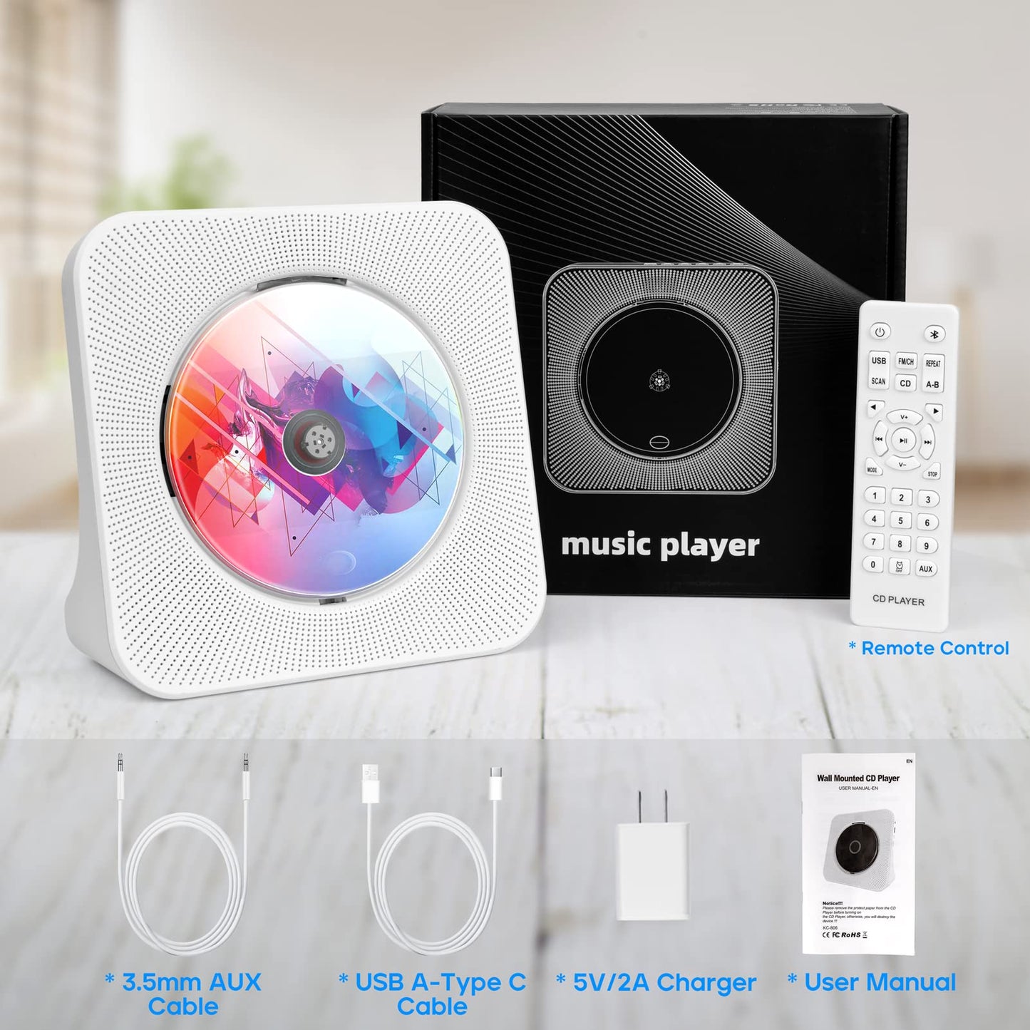 Desktop CD Player with Speakers, ROADOM Home Bluetooth CD Player with Hi-Fi Stereo Sound,Remote Control,Supports CD/Bluetooth/FM Radio/U Disk/AUX/Timer/Repeat
