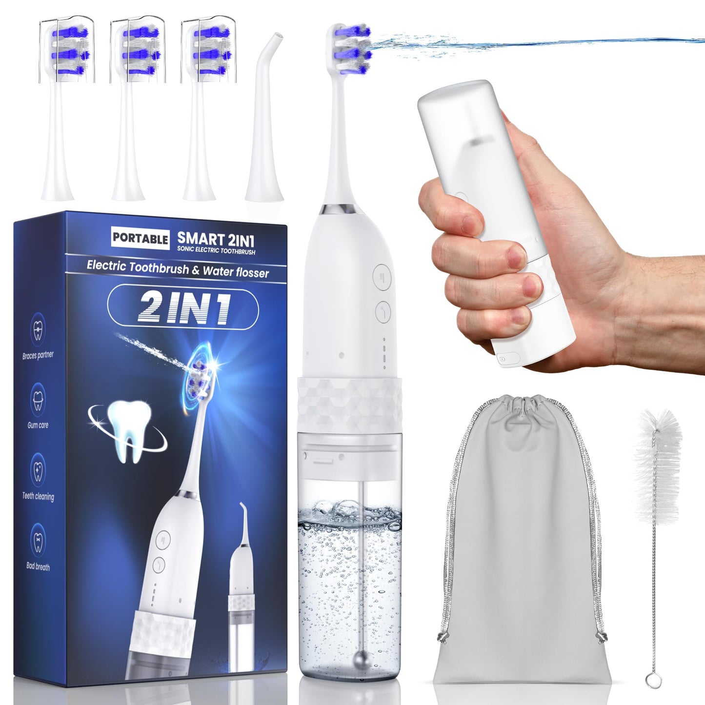 UNINGOPI Portable Water flosser with Electric Toothbrush, 2 in 1 Teeth Cleaning Kit, Electric Toothbrush and flosser Combo, Water Flosser for Travel and Home (White)