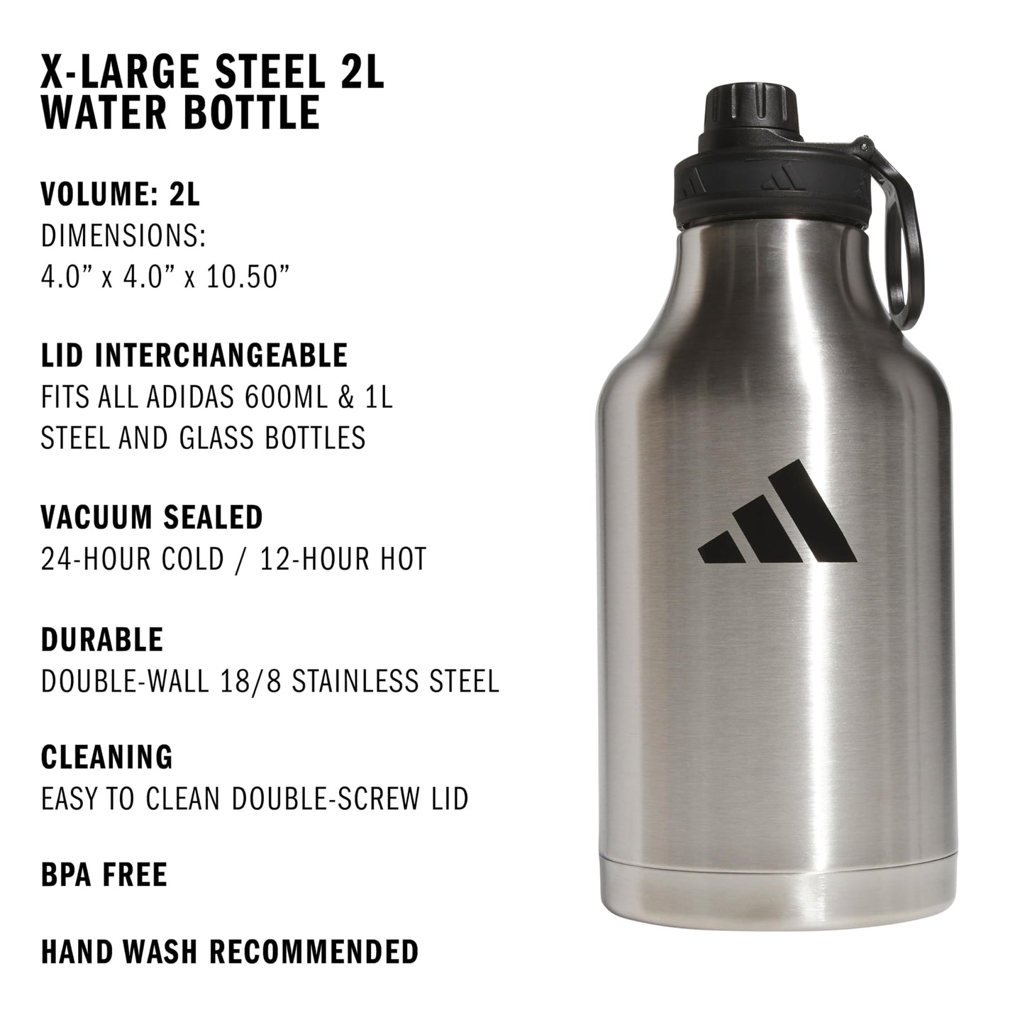 adidas Half Gallon Metal Water Bottle 68 oz (2L) Stainless Steel with Screw Cap