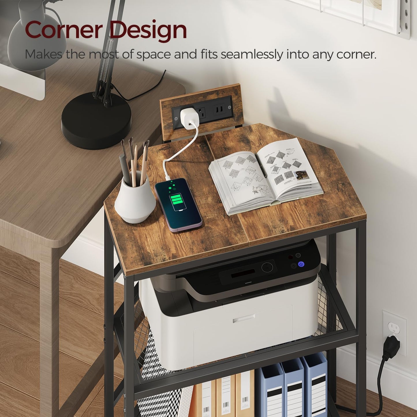 MAHANCRIS Corner Printer Stand with Charging Station, 3-Tier Large Printer Table with Adjustable Feet, Metal Frame Storage Shelf for Office, Living Room, Small Space, Rustic Brown PTHR14E01