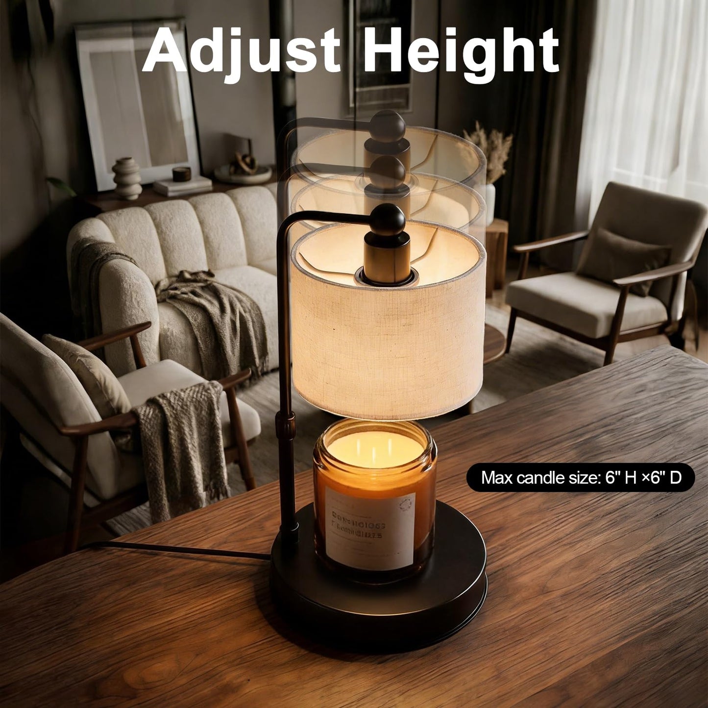 Bingyouth Candle Warmer lamp for 3 Wick Candles, Large Candle Warmer Lamp with Timer, Dimmable, Adjustable Height, Modern Farmhouse Linen Shade, Black Candle Warming Lamp, 2 Bulbs Included