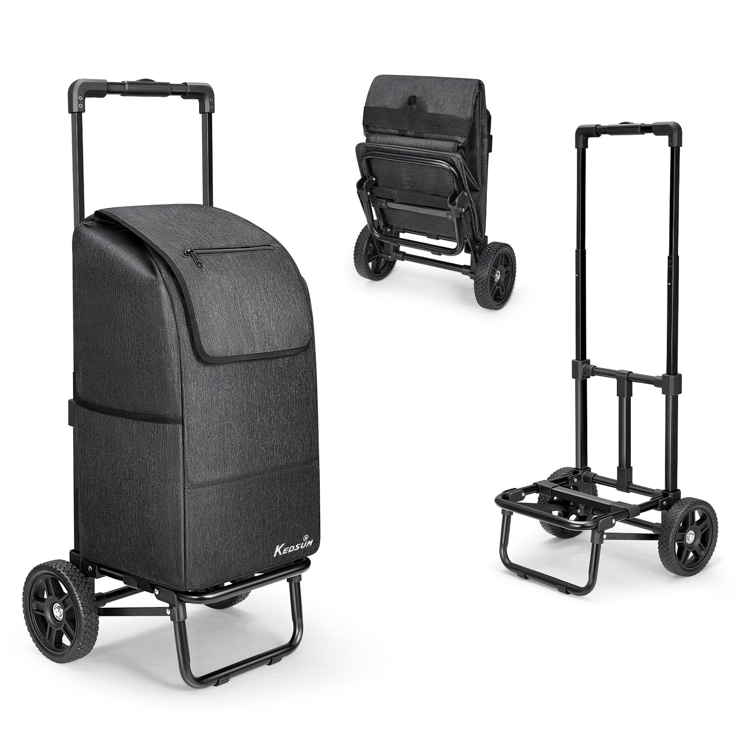 KEDSUM 2 in 1 Shopping Cart for Groceries, 330 lbs Grocery Cart on Wheels, Foldable Utility Carts with Wheels, Hand Truck with Waterproof Tote Bag for Shopping, School, Laundry, Craft Show, Black