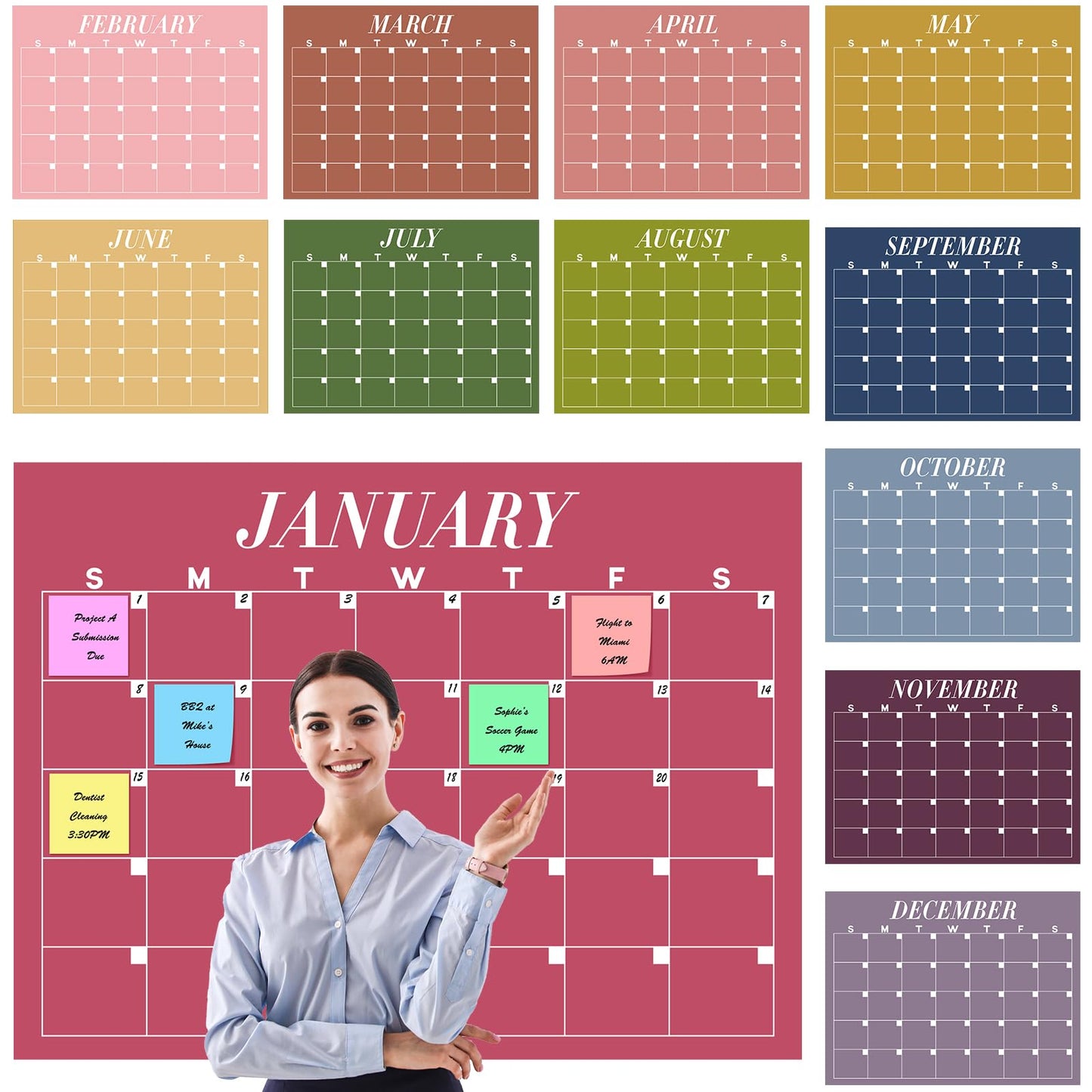 12 Pcs Extra Large Undated Calendar 40‘'x 27.5‘' Large Classroom Wall Calendar 12 Month Big Dry Ease Reusable Planning Yearly Rainbow Planner for Office Home Educational Study Back to First Day Class