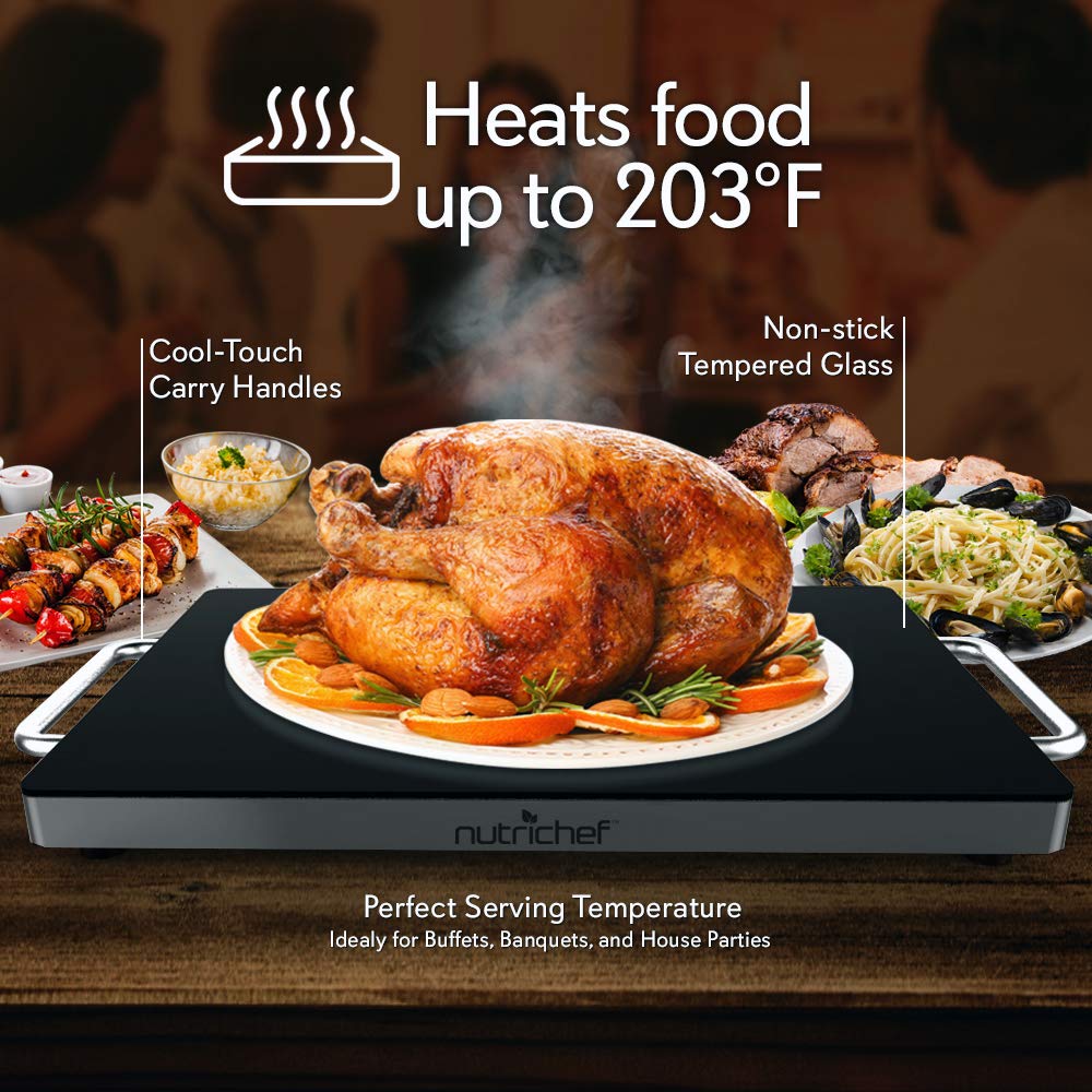 NutriChef Electric Hot Plate Tray Dish Warmer with Black Glass Top | Ideal for Home, Buffets, Parties, Kitchens & Restaurants | Warming Tray for Food | Tortilla Warmer - Dimensions: 16.5 x 11