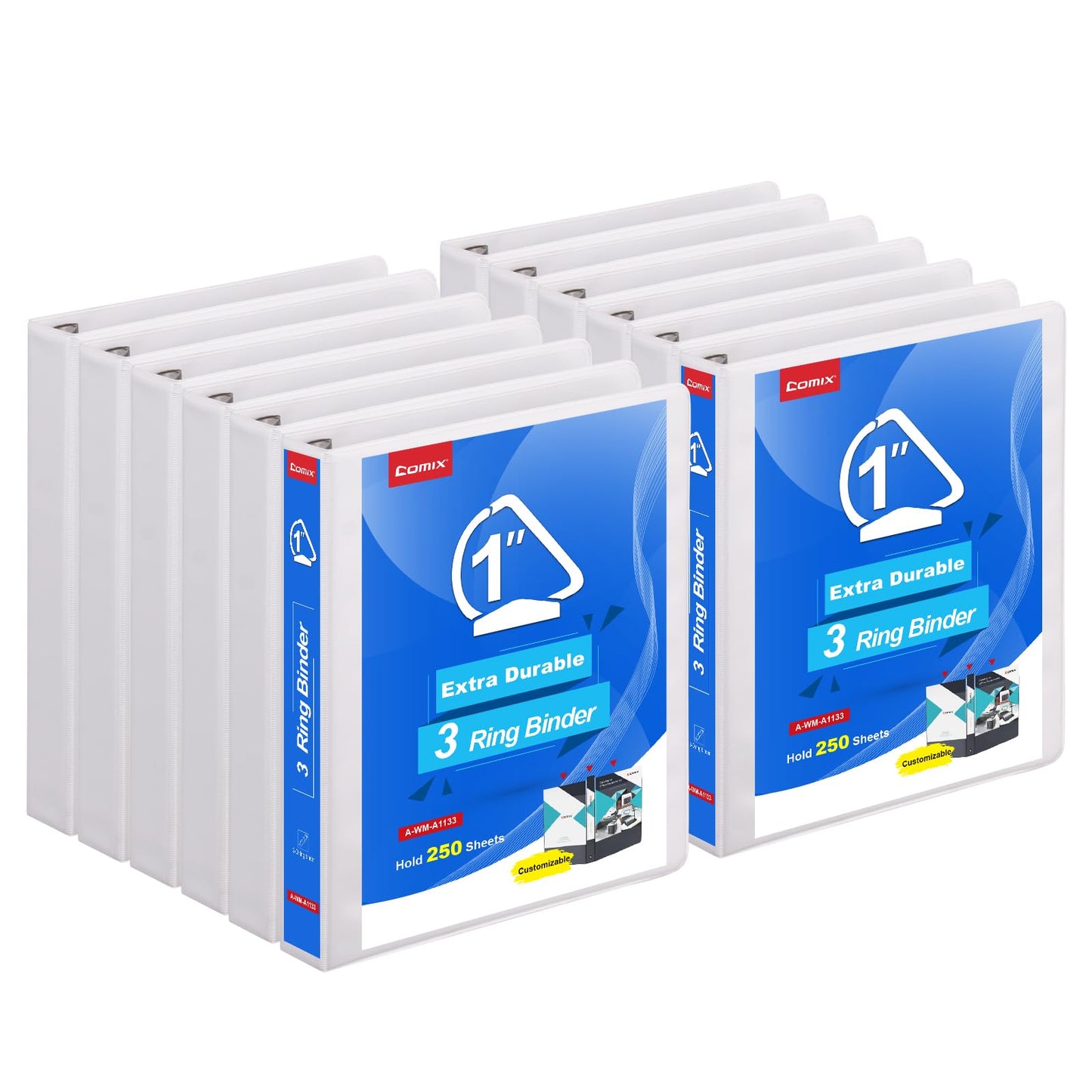 COMIX Heavy Duty Slant-D Ring View Binder, 1 inch 3 Ring Binders, Hold 225 Sheets of 8.5" x 11" Paper, 12 Pack (White)