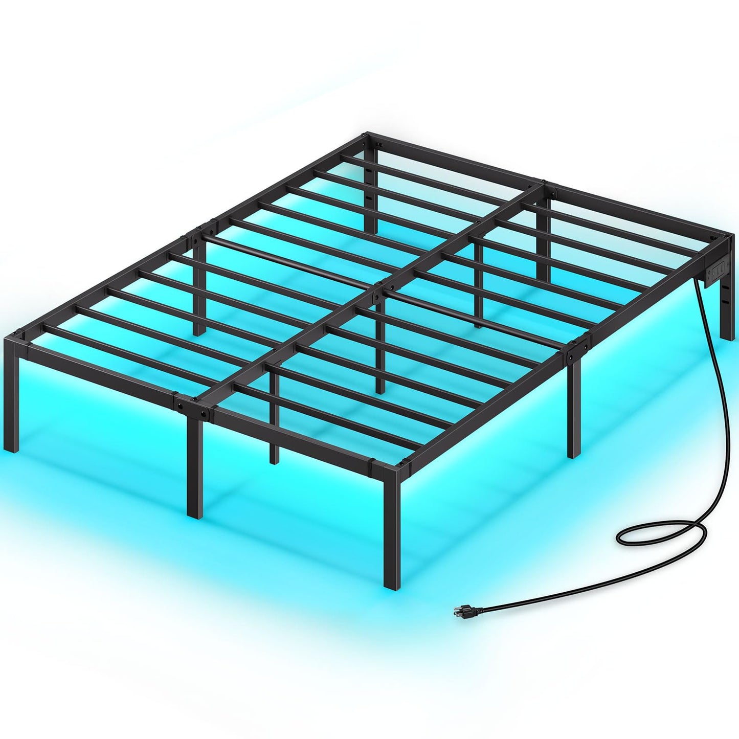Rolanstar Bed Frame with USB Charging Station, Queen Bed Frame with LED Lights, Platform Bed Frame with Heavy Duty Steel Slats, 14" Storage Space Beneath Bed