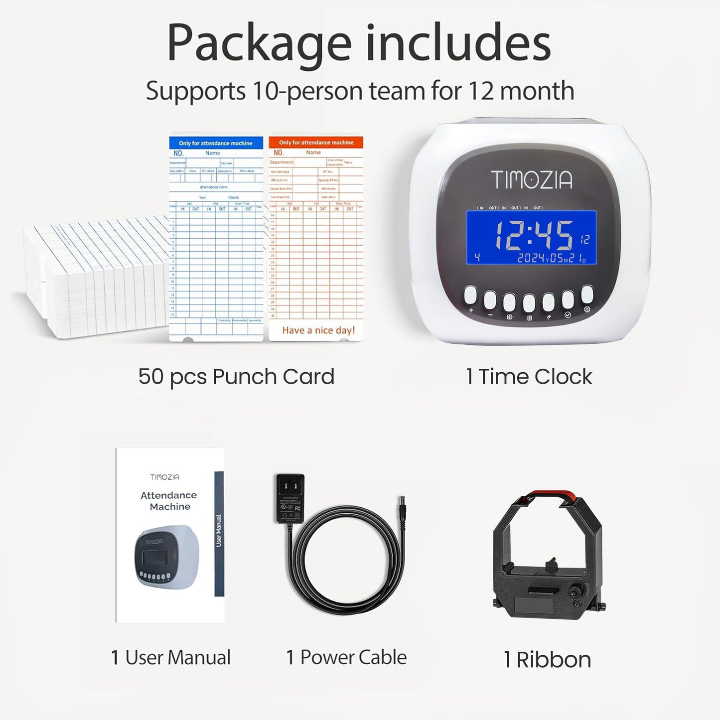 TIMOZIA Time Clocks for Employees Small Business, Auto-Align Time Clock, 6 Punches per Day Time Machine, Clock in Machine for Employees with Time Cards, 2 Ink Ribbons and White with 50 Cards