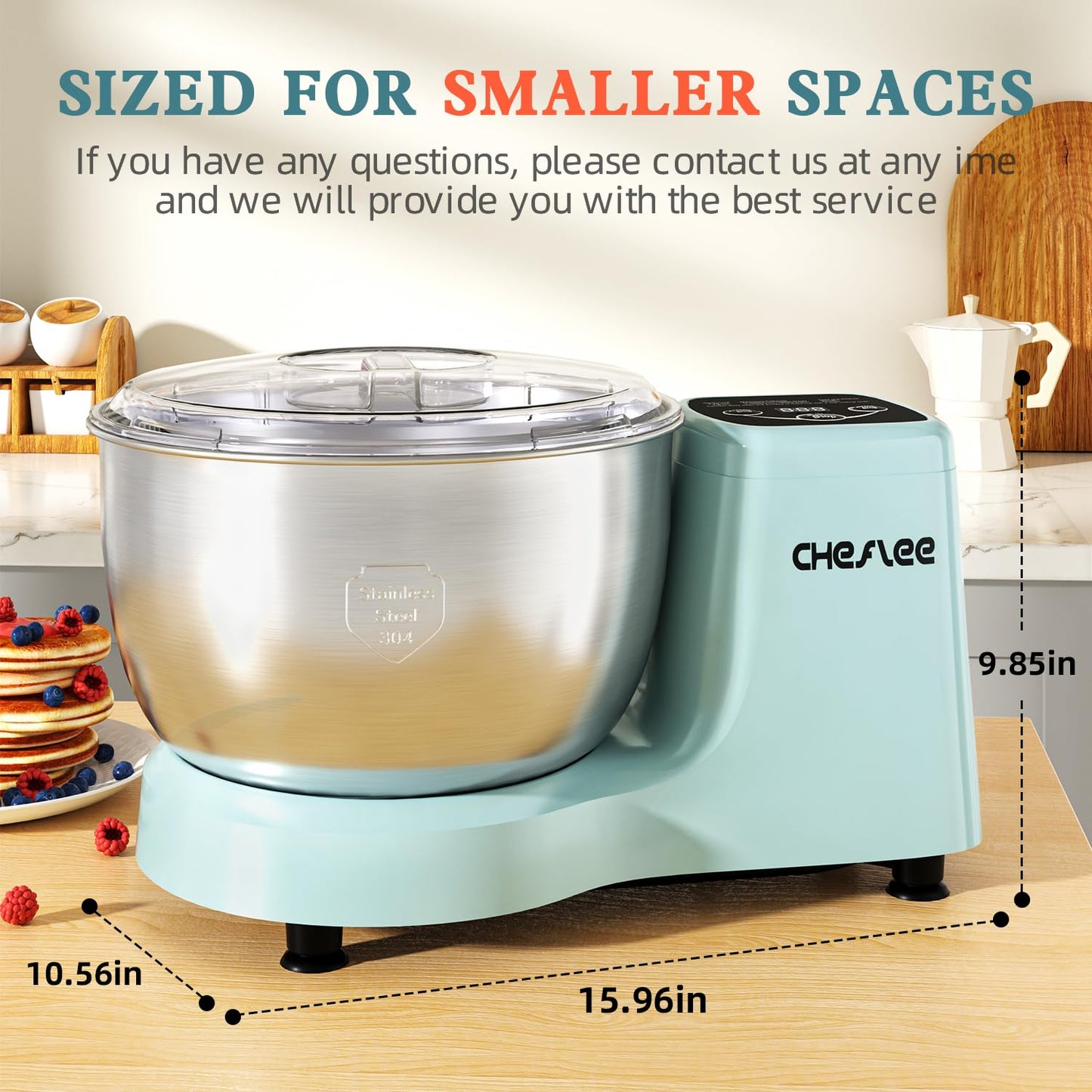 CHeflee Electric Dough Maker 250W,5.5 QT Smart Kneading and Fermenting Mixer Machine,Adjustable Time, 304 Stainless Steel Bowl,Blue