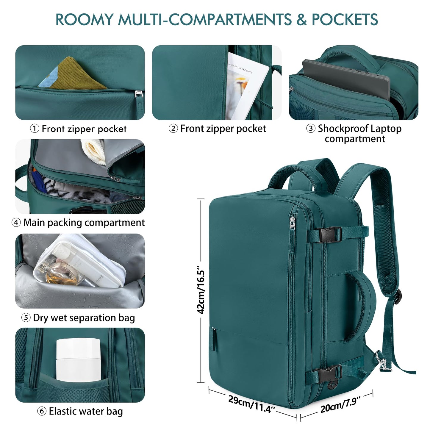 Beraliy Travel Backpack for Women as Personal Item Travel Bag Flight Approved, Carry On Backpack, 17.3 Inch Laptop Backpack, Travel Bag, Waterproof Hiking Backpack, Peacock Blue