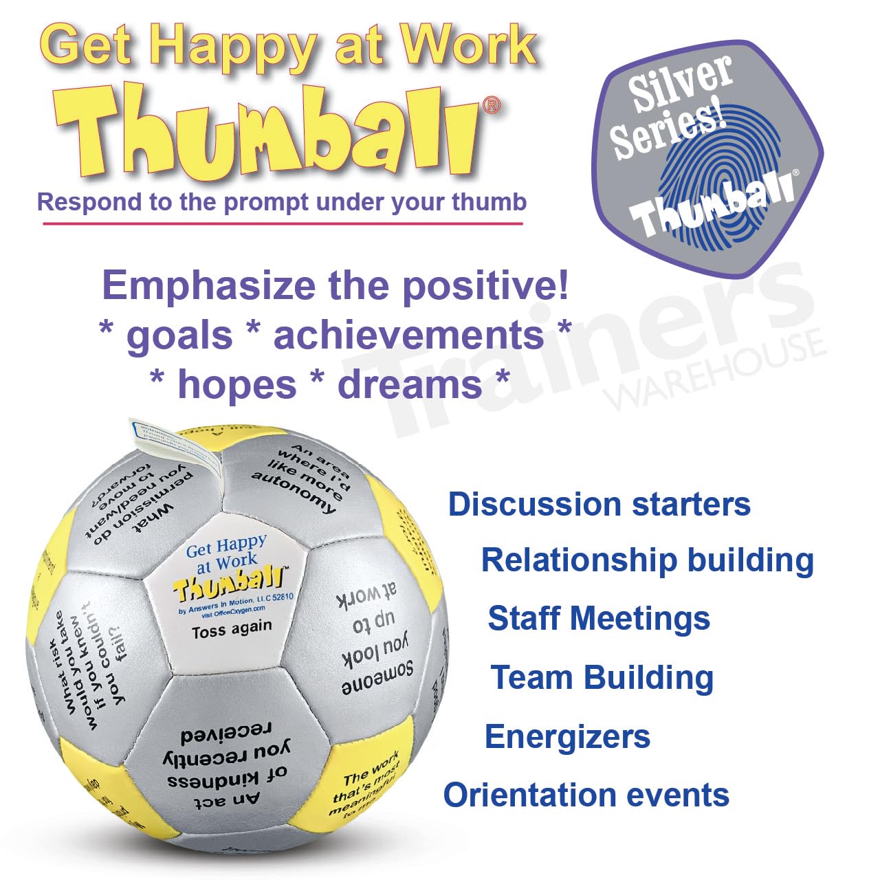Trainers Warehouse Get Happy at Work Thumball 6" | Team Building Activities - Create a Positive Workplace. Promote Optimisim & Happy Conversations | 32 Prompts