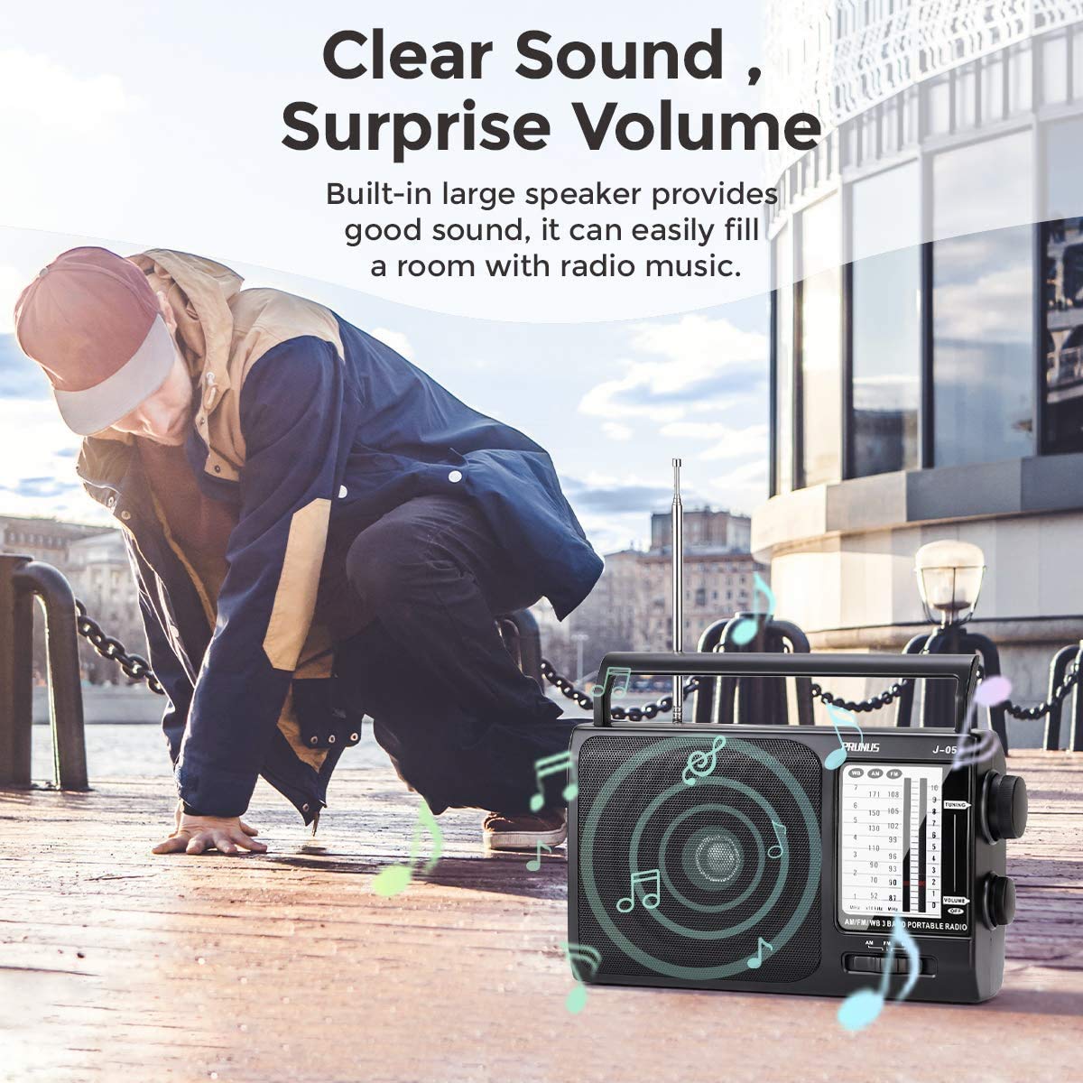 NOAA Weather AM FM Portable Radio with Best Reception, Transistor Radio, Battery Operated Radios by 3X D Cell Batteries or AC Power for Household & Outdoor, Plug in Wall by PRUNUS