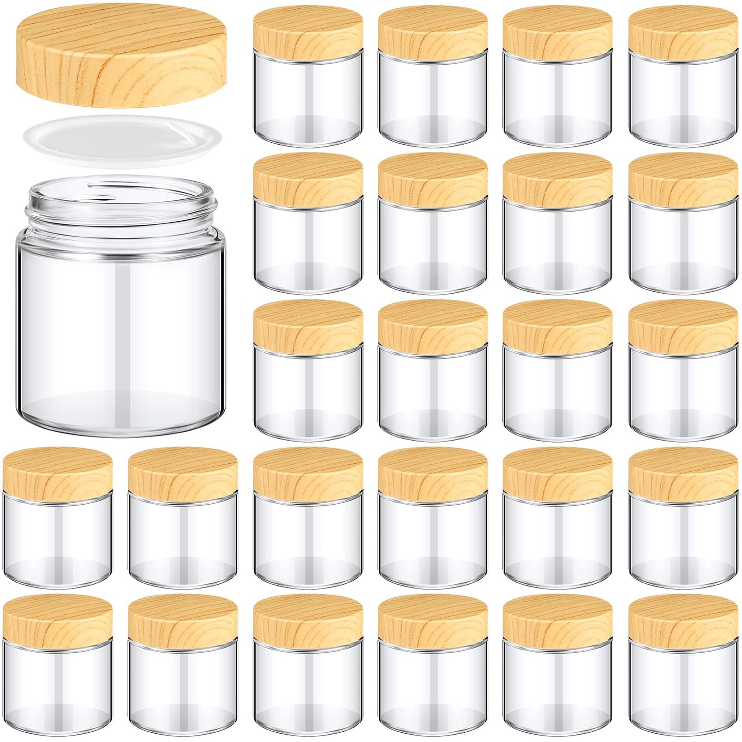 Norme 24 Pcs Glass Jars with Lids Empty Small Containers with Lids Inner Liners Reusable Cosmetic Jars Round Airtight Glass Bottles with Plastic Woodgrain Lids for Travel (4 Oz)