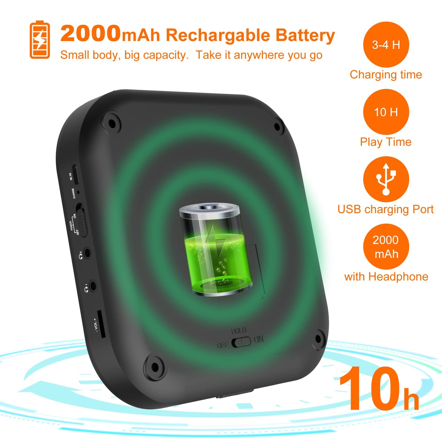 CD Player Portable, MONODEAL Bluetooth CD Player with Speakers and FM Transmitter, Rechargeable 1800mAh CD Player for Car and Home with LED Screen
