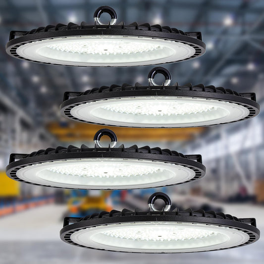 4 Pack Led High Bay Light 200W, 6500K UFO High Bay Led Shop Lights with 22000 lm, Durable High Bay Lighting with US Plug & Brackets, IP65 Commercial Light Fixture for Workshop, Warehouse