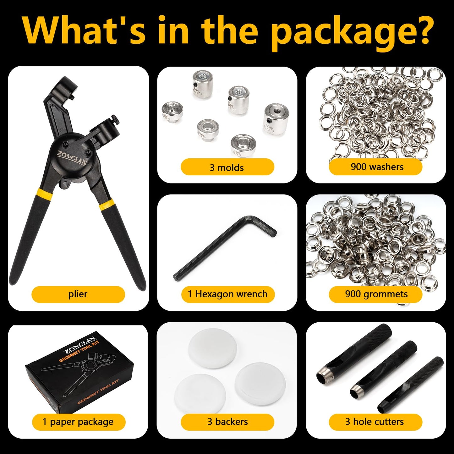 zonglan Heavy Duty Grommet Tool Kit of 1/2" 5/16" and 3/8",Multi Size Handheld Eyelet Tool Plier Rivet Press with 900 pcs Silver Grommets for Tarp Leather Fabric