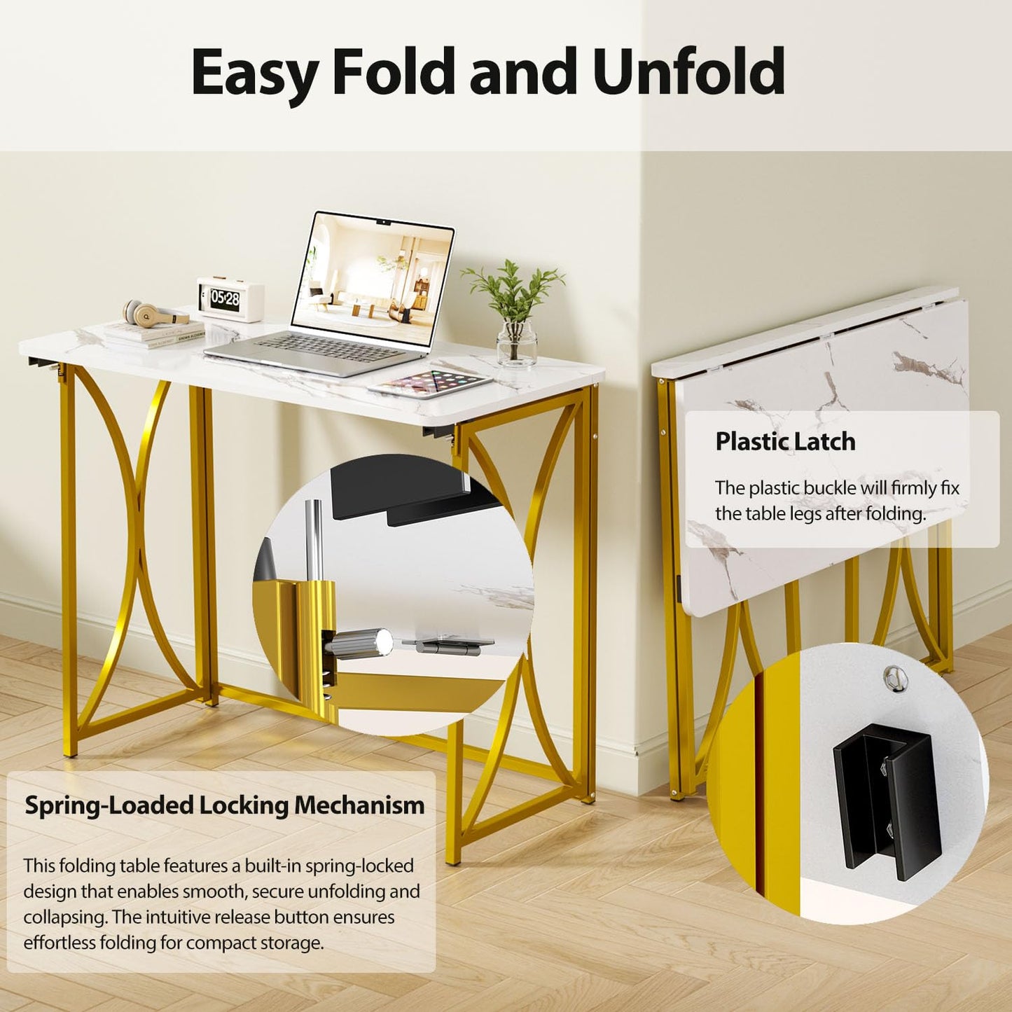 coeztt Folding Desk, 31.5" Small Desk for Bedroom, Space Saving Foldable Computer Desk for Home Office, Easy Assembly, White and Gold