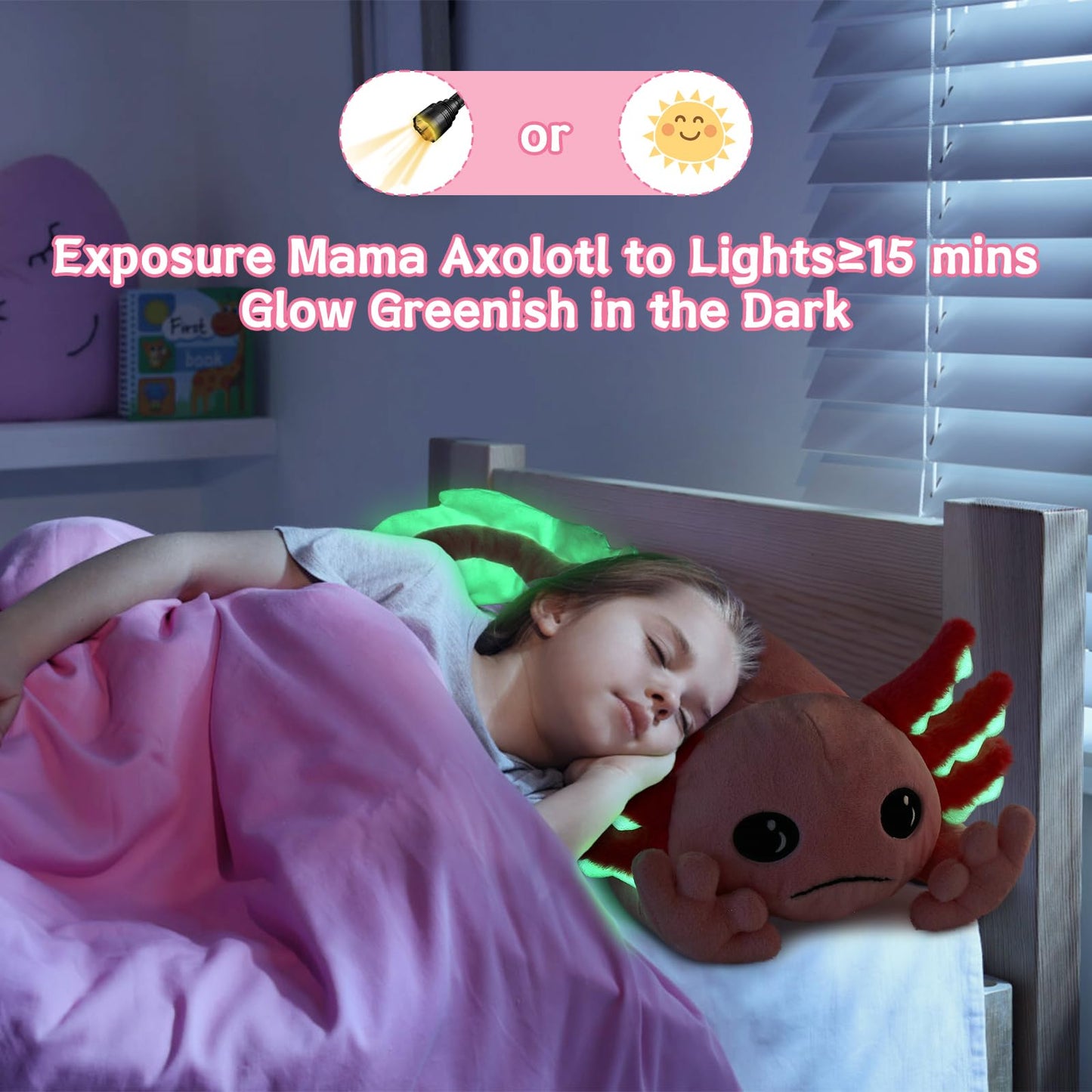 MaoGoLan 5 Pcs Axolotl Plush Stuffed Animal with 4 Babies Axolotl Toys Inside for Girls,Giant Luminous Axolotl Plush Family for Axolotl Lovers,Soft Long Stuffed Axolotl Glow in The Dark for Kids