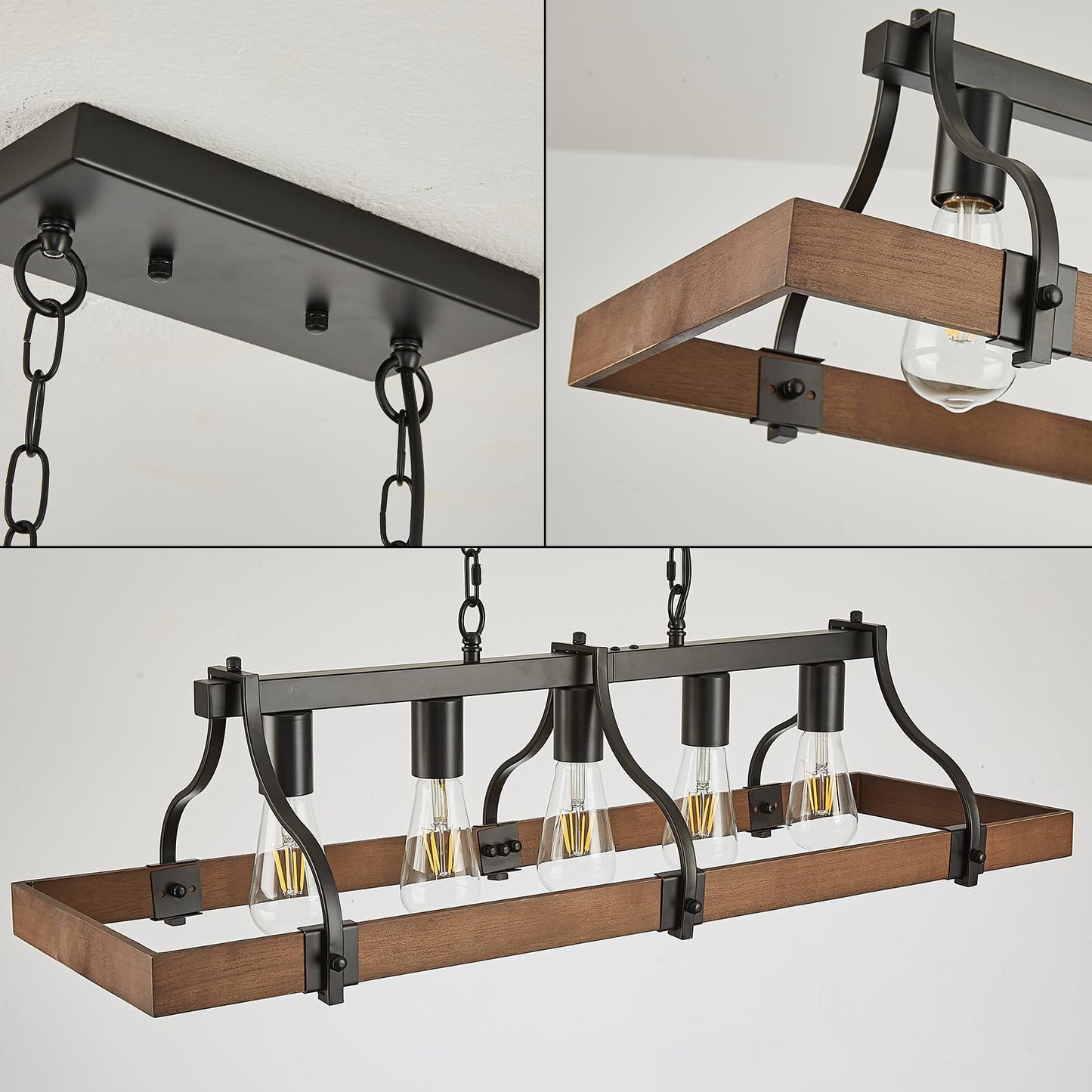 Feohak Farmhouse Chandeliers for Dining Room, 5-Light Rustic Kitchen Island Light Fixture, Wood Linear Industrial Black Rectangular Ceiling